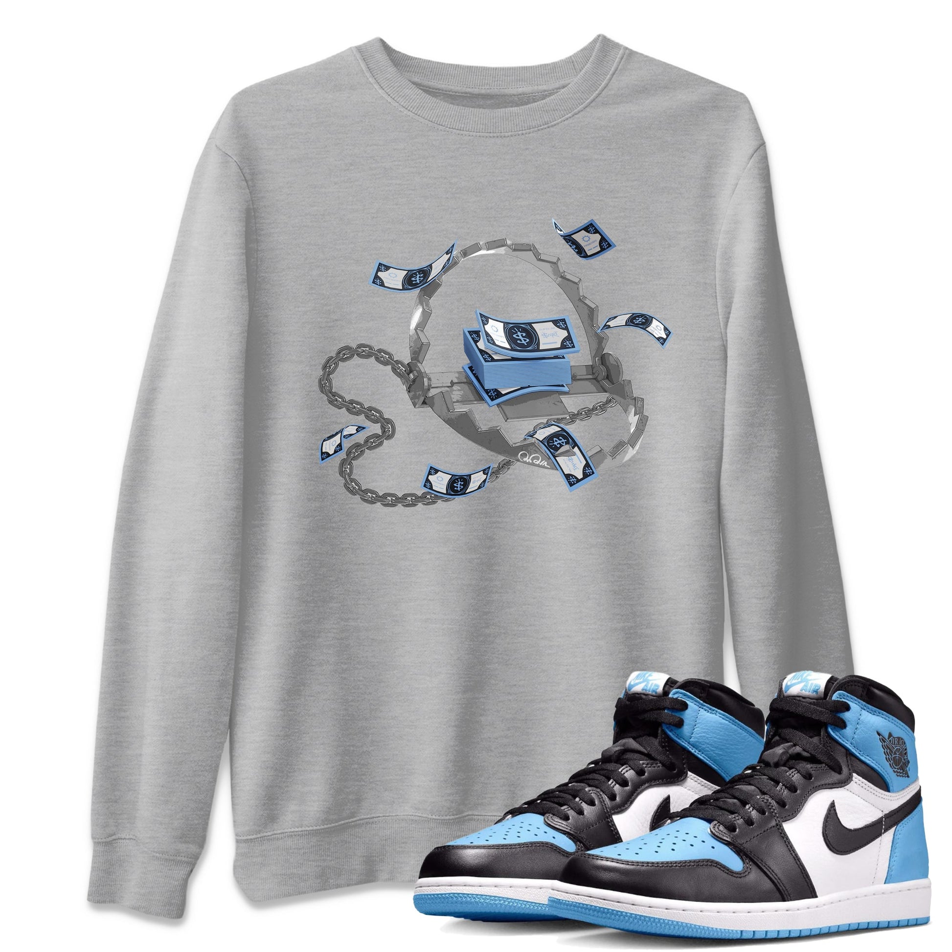 Air Jordan 1 Retro High OG UNC Toe Shirt to match Jordans Trap Money Sneaker Tees AJ1 UNC Toe SNRT Sneaker Release Tees Crew Neck T-Shirts Heather Grey 1