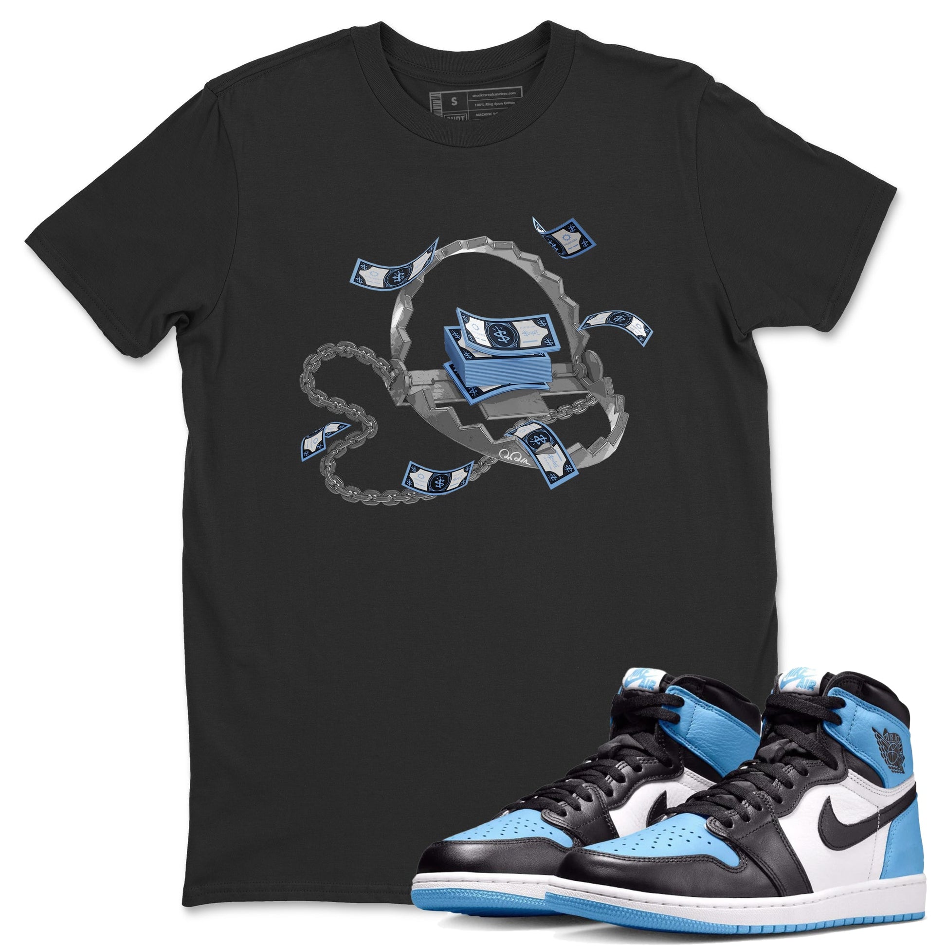 Air Jordan 1 Retro High OG UNC Toe Shirt to match Jordans Trap Money Sneaker Tees AJ1 UNC Toe SNRT Sneaker Release Tees Crew Neck T-Shirts Black 1