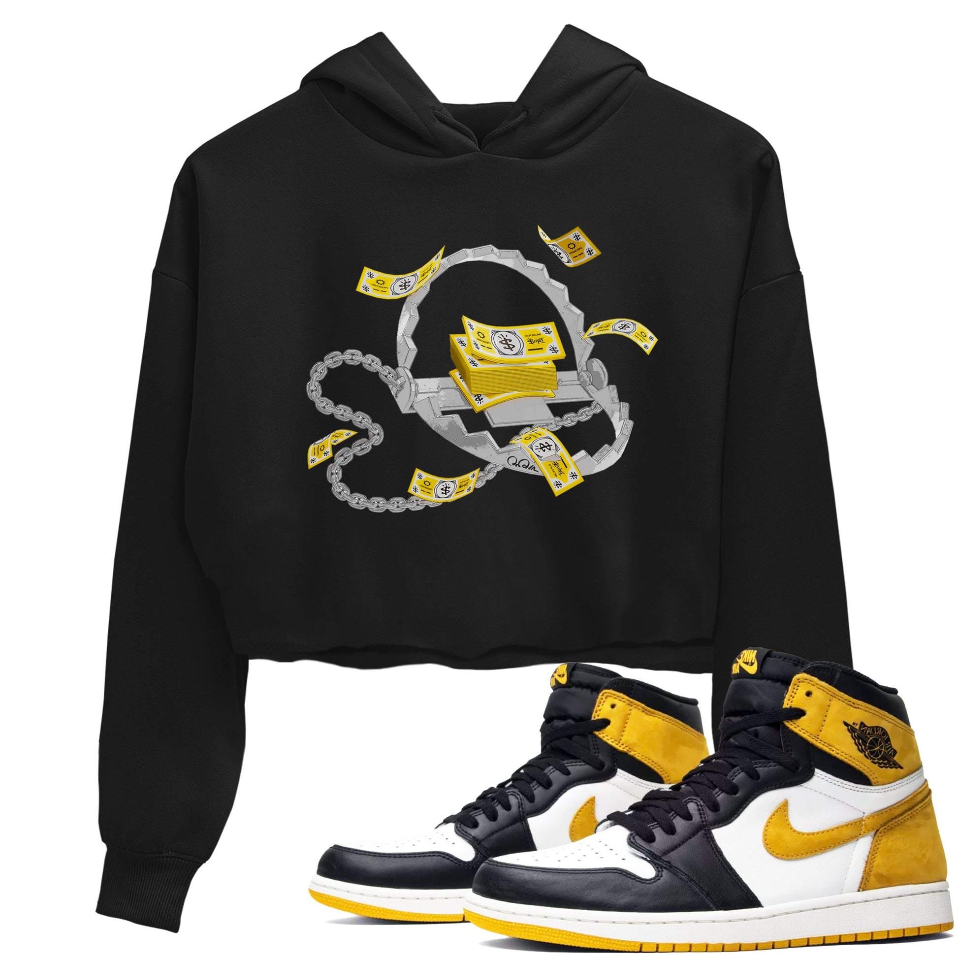 Air Jordan 1 Yellow Ochre shirt to match jordans Trap Money sneaker tees AJ1 Yellow Ochre SNRT Sneaker Release Tees Black 1 crop length shirt