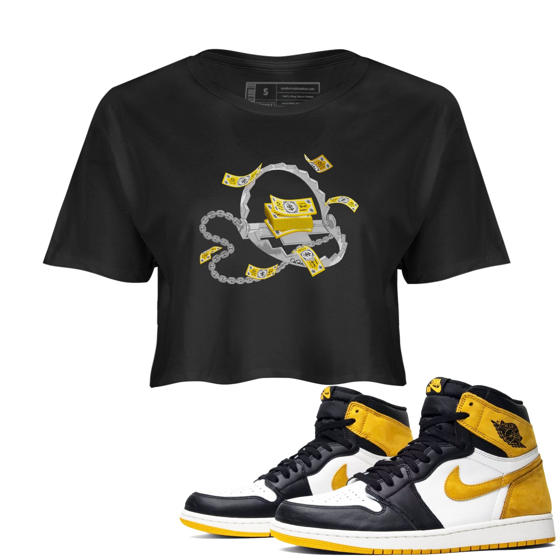 Air Jordan 1 Yellow Ochre shirt to match jordans Trap Money sneaker tees AJ1 Yellow Ochre SNRT Sneaker Release Tees Black 1 crop length shirt