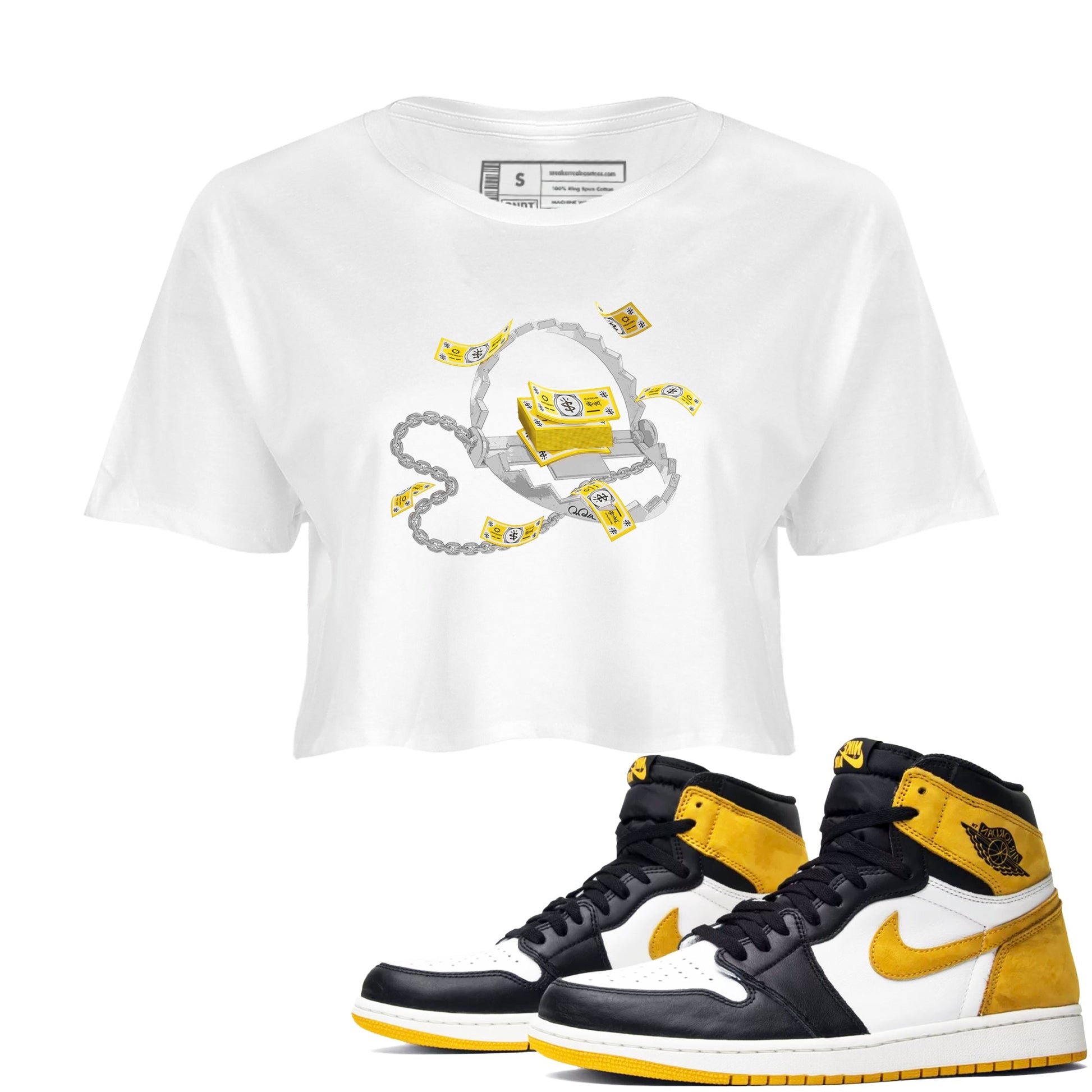 Air Jordan 1 Yellow Ochre shirt to match jordans Trap Money sneaker tees AJ1 Yellow Ochre SNRT Sneaker Release Tees White 1 crop length shirt