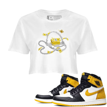 Air Jordan 1 Yellow Ochre shirt to match jordans Trap Money sneaker tees AJ1 Yellow Ochre SNRT Sneaker Release Tees White 1 crop length shirt