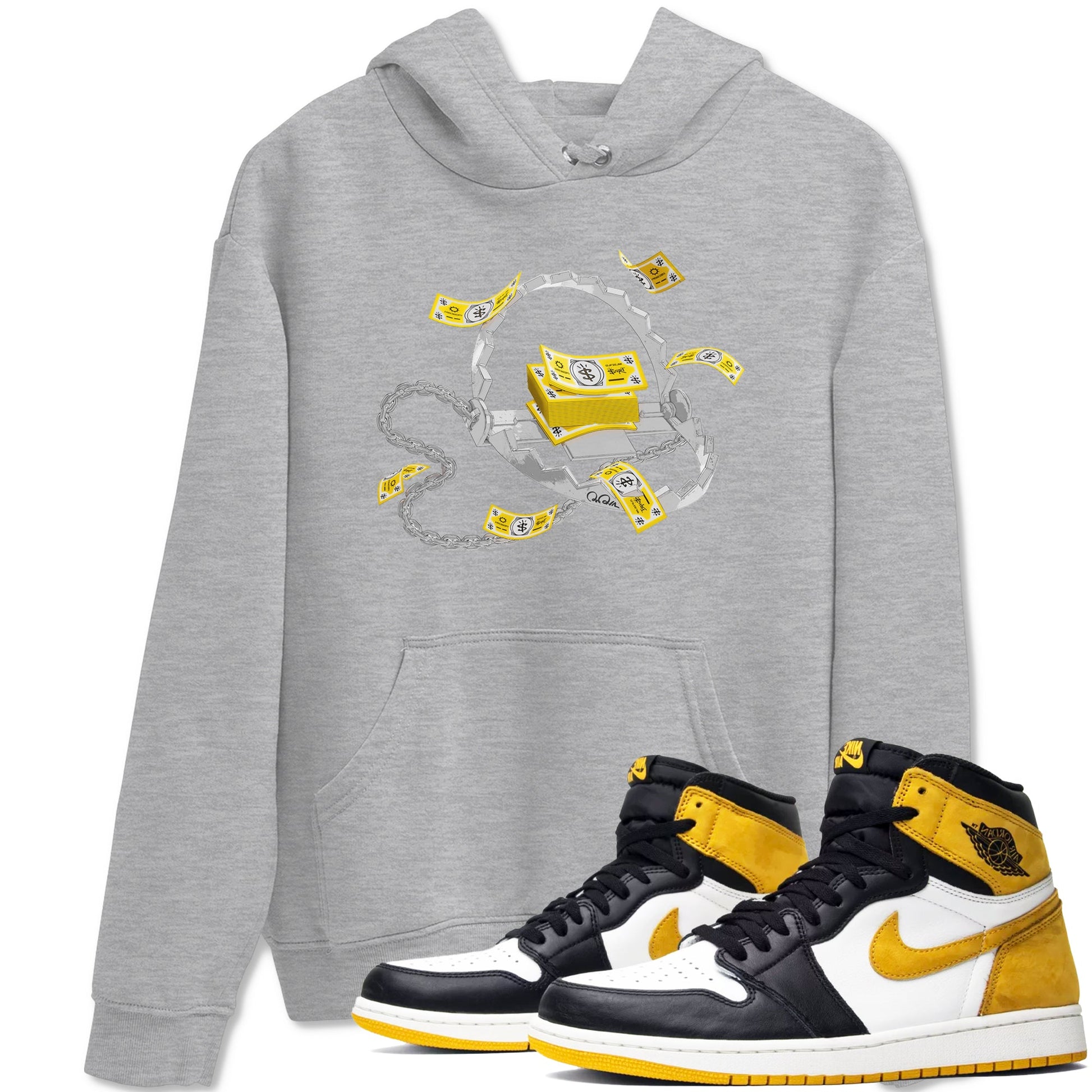 Air Jordan 1 Yellow Ochre shirt to match jordans Trap Money sneaker tees AJ1 Yellow Ochre SNRT Sneaker Release Tees unisex cotton Heather Grey 1 crew neck shirt