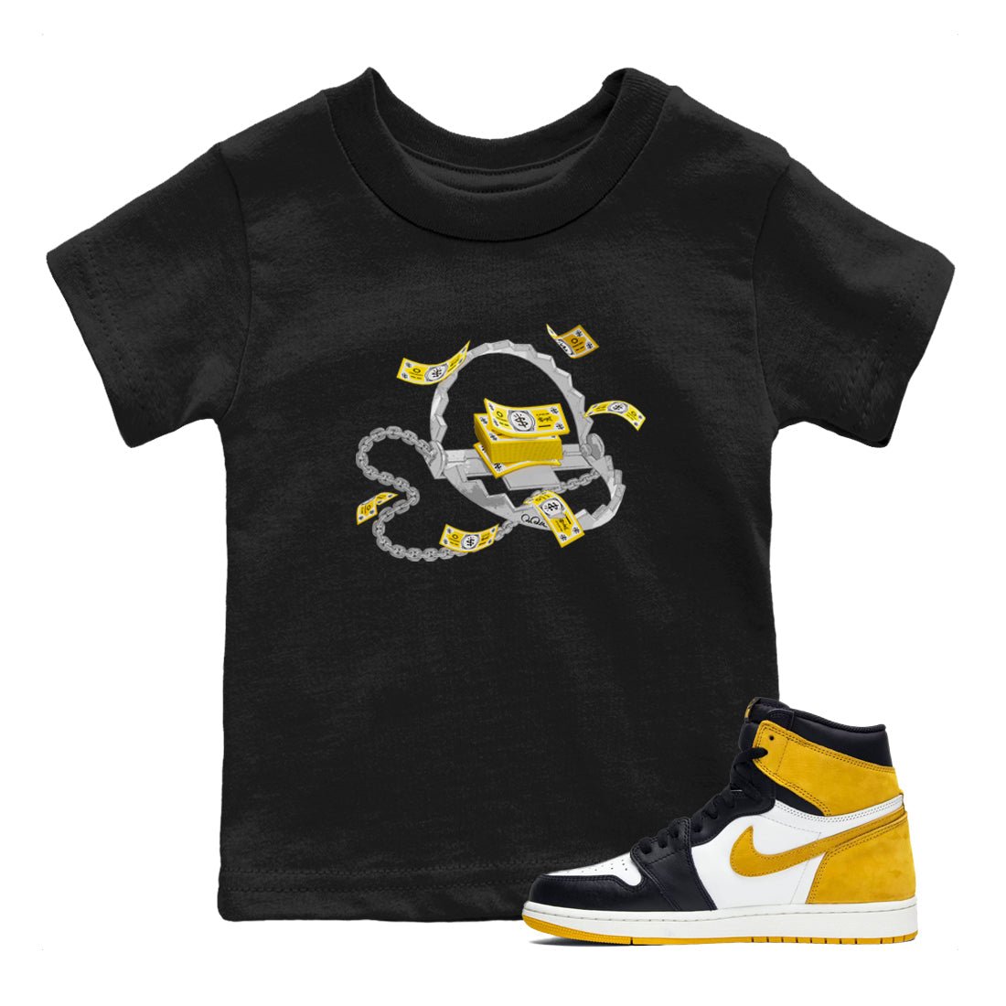 Air Jordan 1 Yellow Ochre shirt to match jordans Trap Money sneaker tees AJ1 Yellow Ochre SNRT sneaker release tees baby toddler Black 1 cotton Shirt