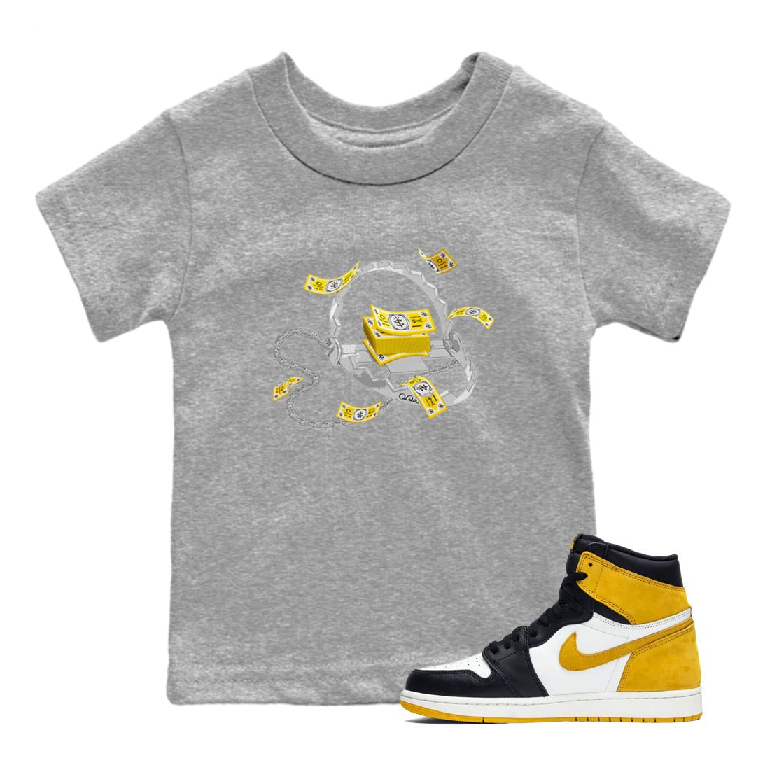 Air Jordan 1 Yellow Ochre shirt to match jordans Trap Money sneaker tees AJ1 Yellow Ochre SNRT sneaker release tees baby toddler Heather Grey 1 cotton Shirt