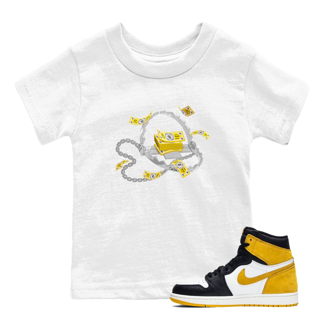 Air Jordan 1 Yellow Ochre shirt to match jordans Trap Money sneaker tees AJ1 Yellow Ochre SNRT sneaker release tees baby toddler White 1 cotton Shirt