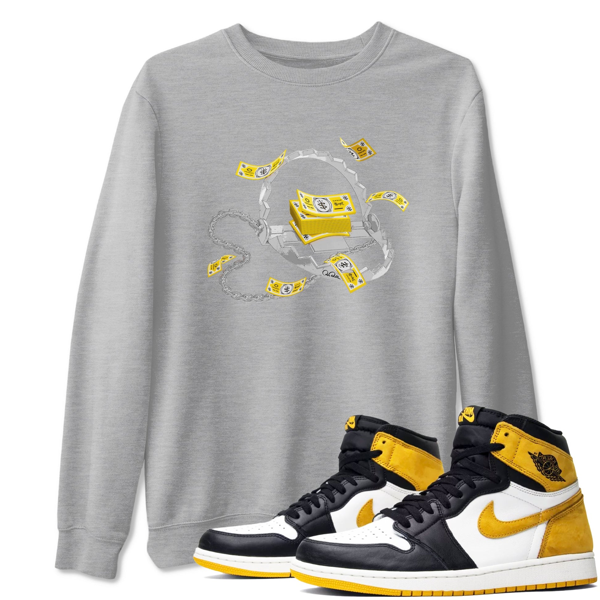 Air Jordan 1 Yellow Ochre shirt to match jordans Trap Money sneaker tees AJ1 Yellow Ochre SNRT Sneaker Release Tees unisex cotton Heather Grey 1 crew neck shirt