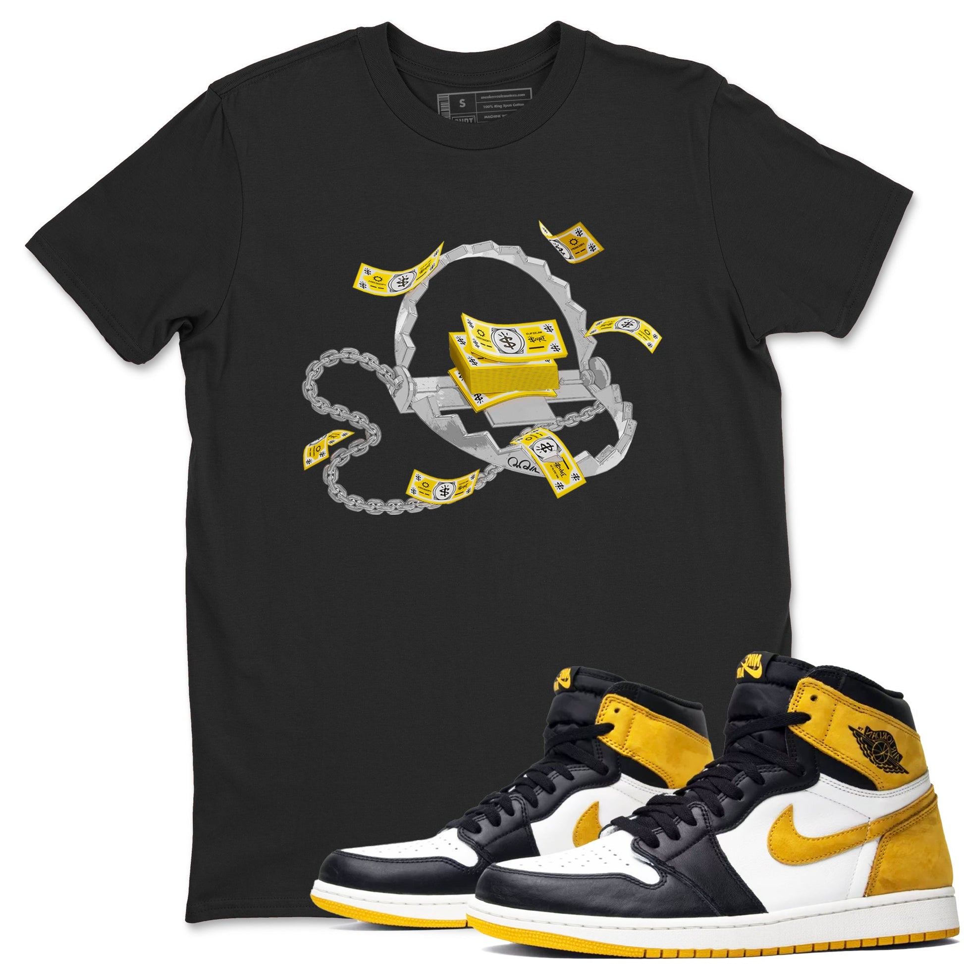 Air Jordan 1 Yellow Ochre shirt to match jordans Trap Money sneaker tees AJ1 Yellow Ochre SNRT Sneaker Release Tees unisex cotton Black 1 crew neck shirt