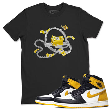 Air Jordan 1 Yellow Ochre shirt to match jordans Trap Money sneaker tees AJ1 Yellow Ochre SNRT Sneaker Release Tees unisex cotton Black 1 crew neck shirt