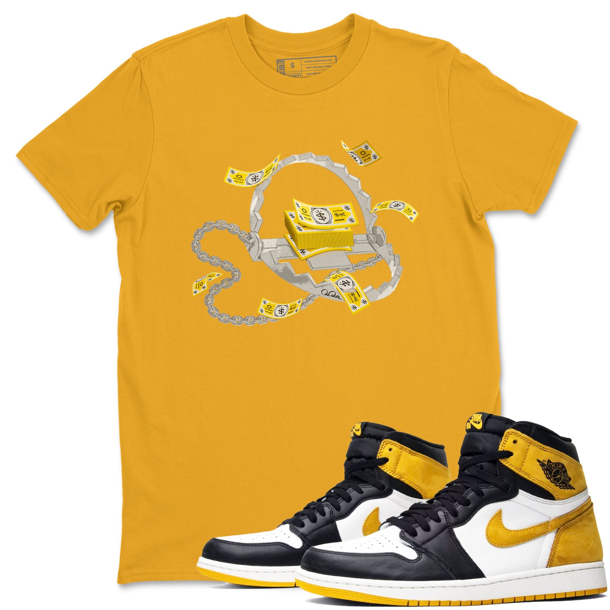 Air Jordan 1 Yellow Ochre shirt to match jordans Trap Money sneaker tees AJ1 Yellow Ochre SNRT Sneaker Release Tees unisex cotton Gold 1 crew neck shirt