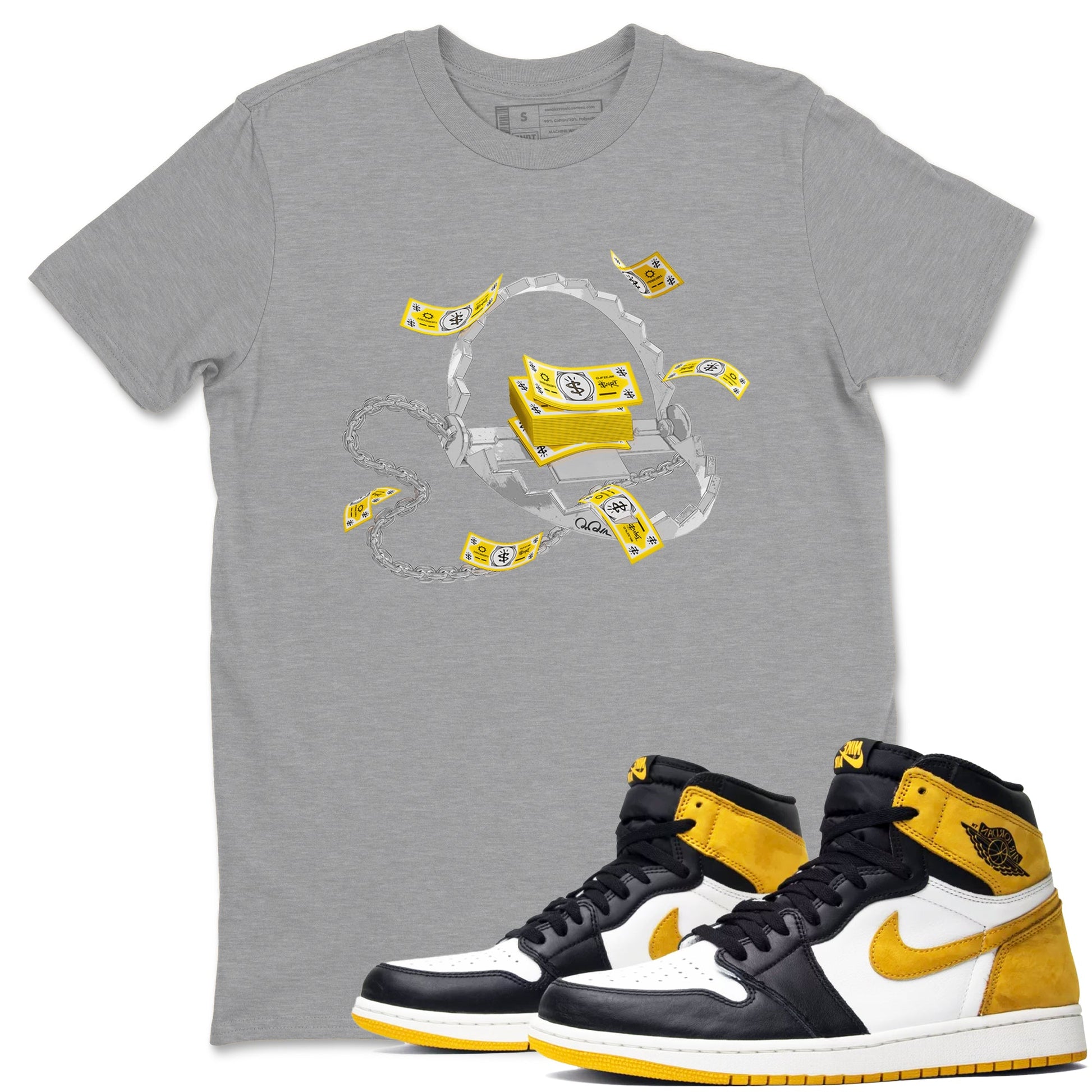 Air Jordan 1 Yellow Ochre shirt to match jordans Trap Money sneaker tees AJ1 Yellow Ochre SNRT Sneaker Release Tees unisex cotton Heather Grey 1 crew neck shirt