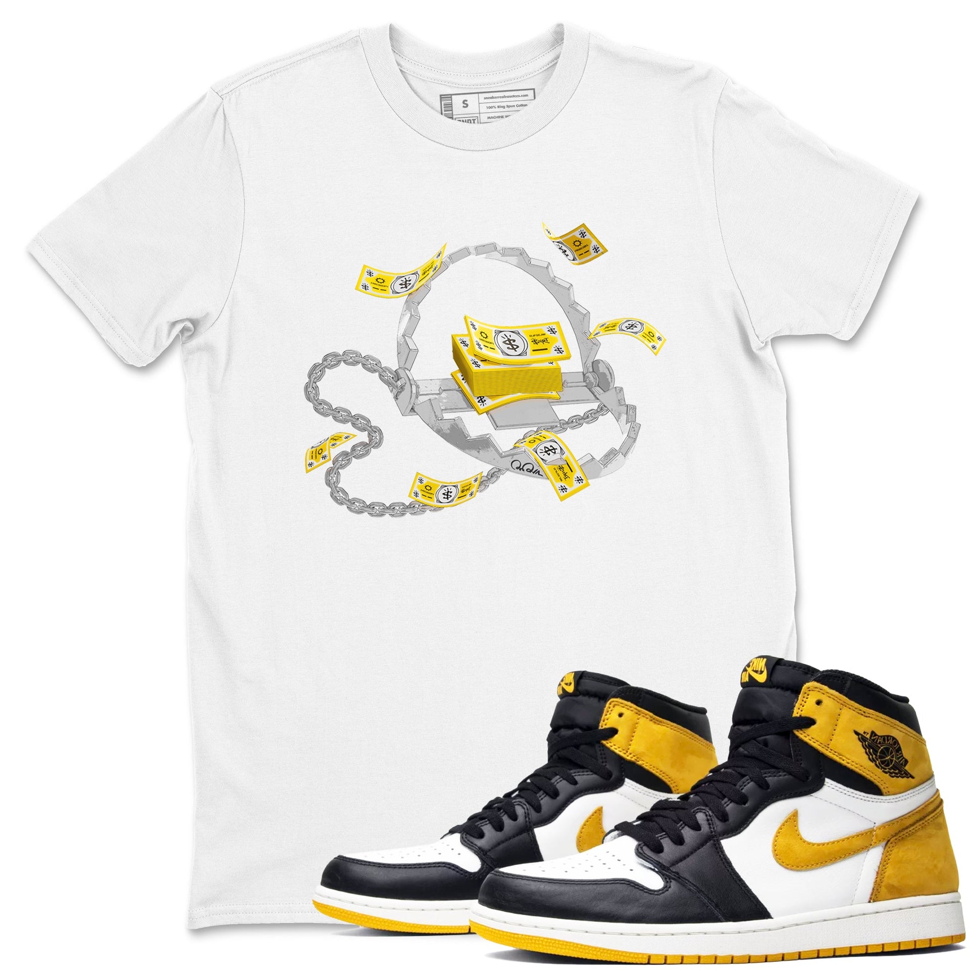 Air Jordan 1 Yellow Ochre shirt to match jordans Trap Money sneaker tees AJ1 Yellow Ochre SNRT Sneaker Release Tees unisex cotton White 1 crew neck shirt