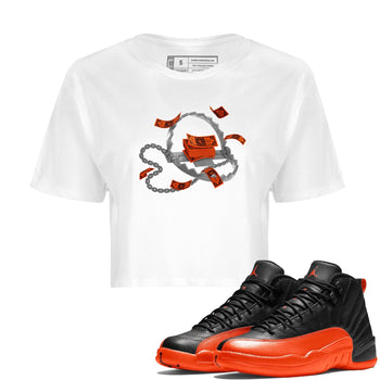 Air Jordan 12 Brilliant Orange Sneaker Match Tees Trap Money Sneaker Tees AJ12 Brilliant Orange Sneaker Release Tees Women's Shirts White 1
