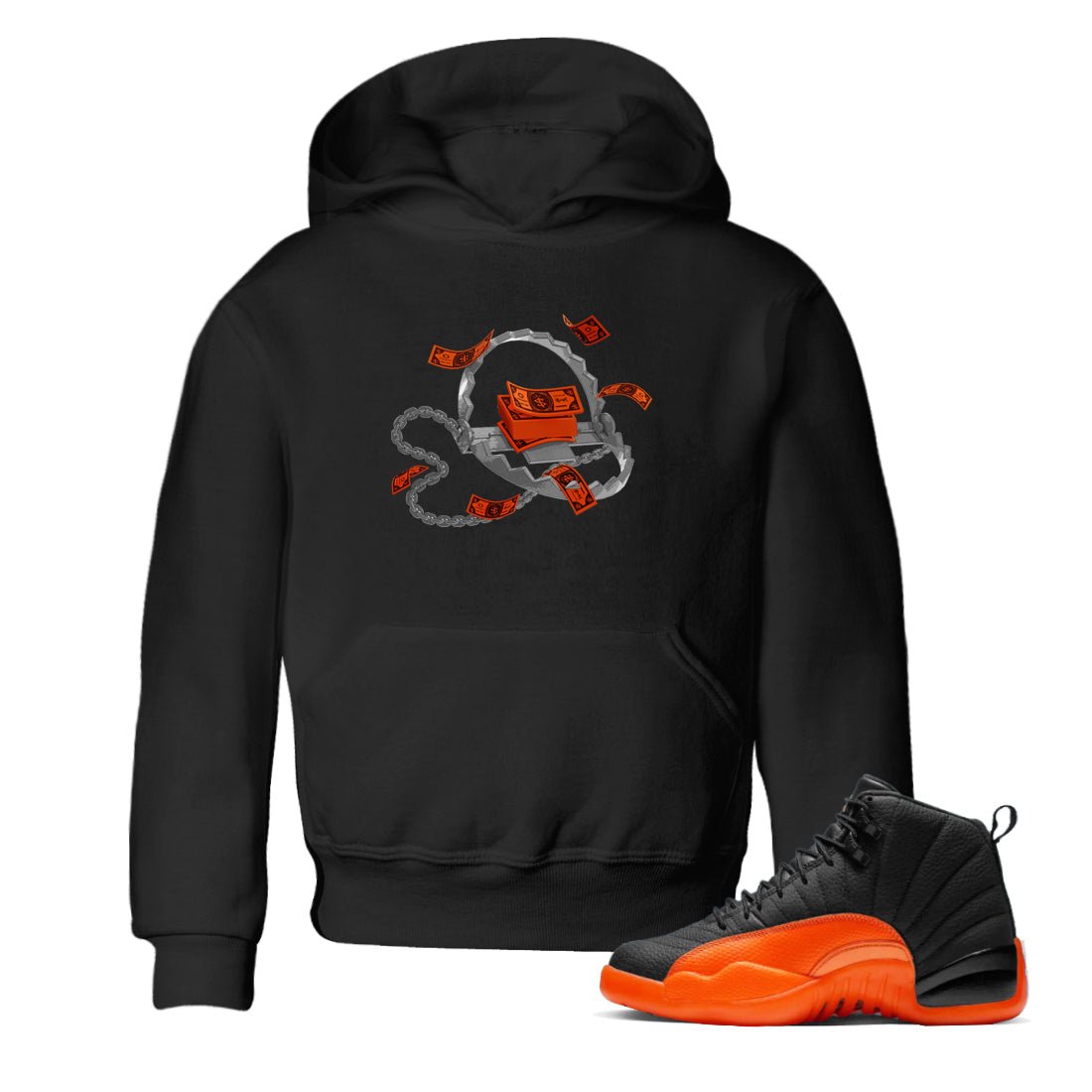 Air Jordan 12 Brilliant Orange Sneaker Match Tees Trap Money Sneaker Tees AJ12 Brilliant Orange Sneaker Release Tees Kids Shirts Black 1