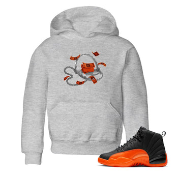 Air Jordan 12 Brilliant Orange Sneaker Match Tees Trap Money Sneaker Tees AJ12 Brilliant Orange Sneaker Release Tees Kids Shirts Heather Grey 1