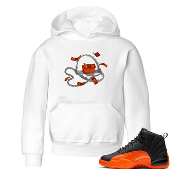 Air Jordan 12 Brilliant Orange Sneaker Match Tees Trap Money Sneaker Tees AJ12 Brilliant Orange Sneaker Release Tees Kids Shirts White 1