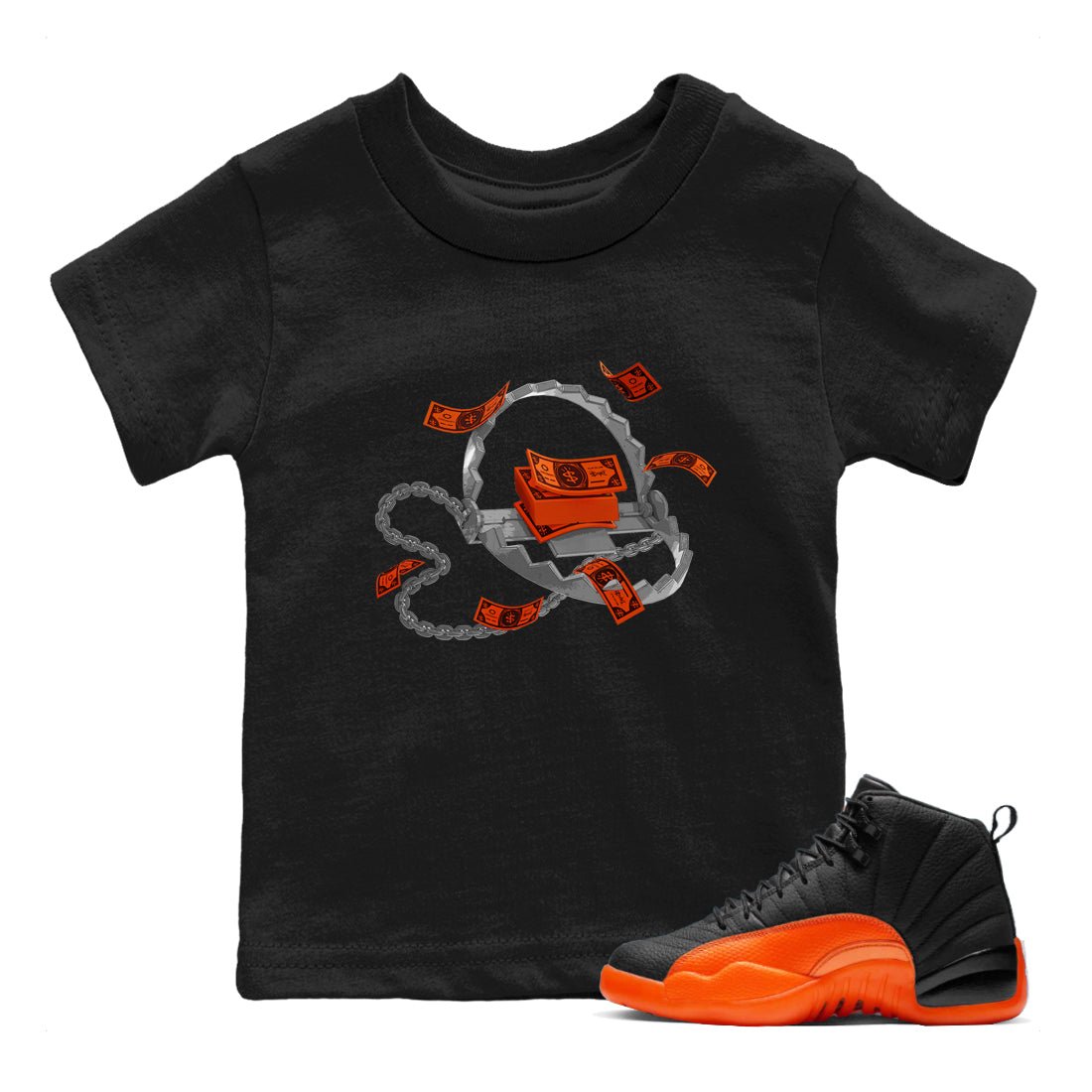 Air Jordan 12 Brilliant Orange Sneaker Match Tees Trap Money Sneaker Tees AJ12 Brilliant Orange Sneaker Release Tees Kids Shirts Black 1