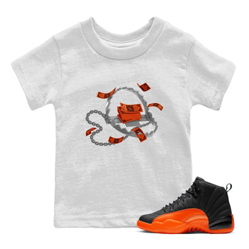 Air Jordan 12 Brilliant Orange Sneaker Match Tees Trap Money Sneaker Tees AJ12 Brilliant Orange Sneaker Release Tees Kids Shirts White 1