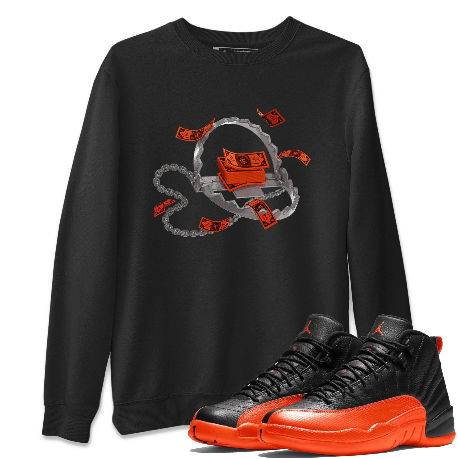 Air Jordan 12 Brilliant Orange Sneaker Match Tees Trap Money Sneaker Tees AJ12 Brilliant Orange Sneaker Release Tees Unisex Shirts Black 1