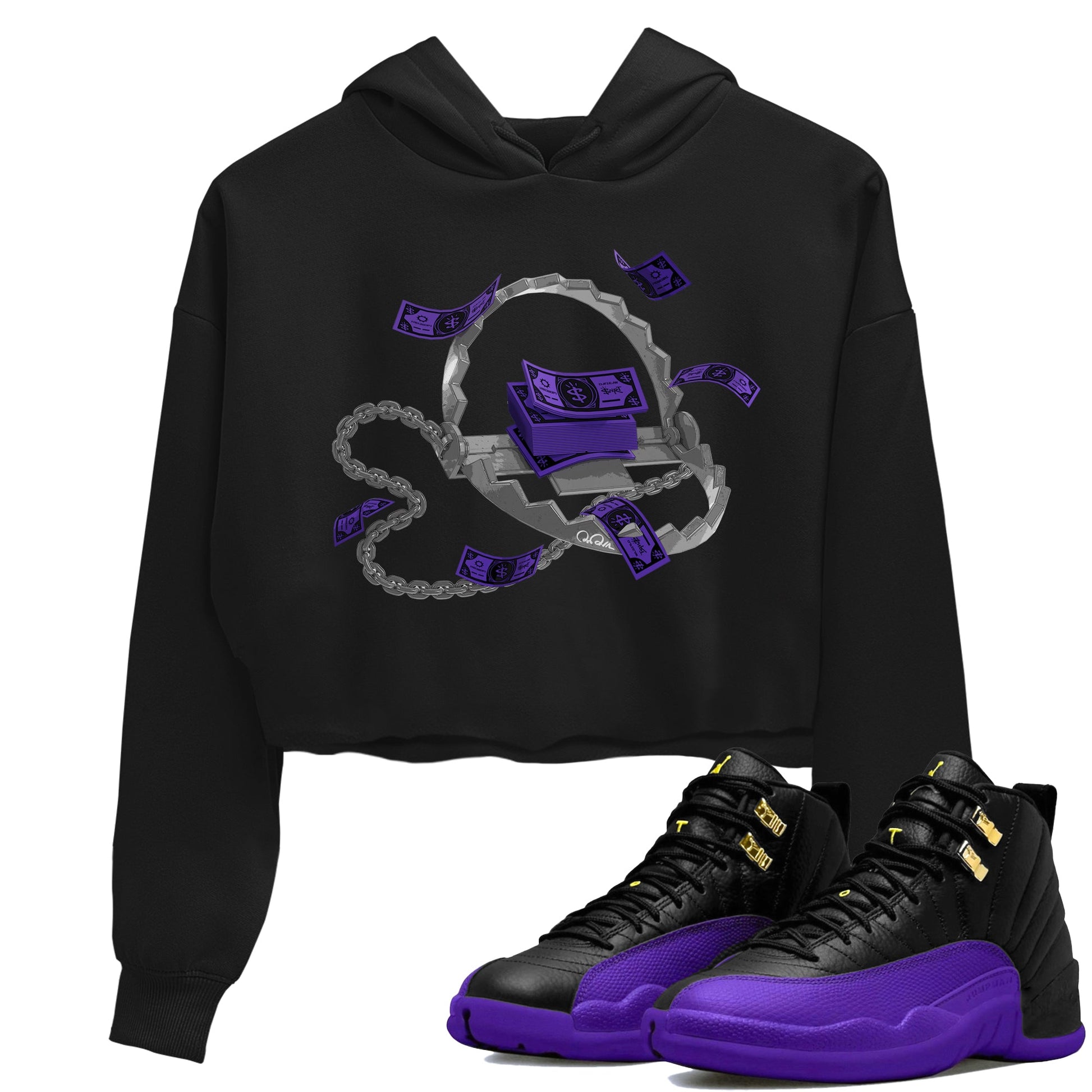 Air Jordan 12 Field Purple Sneaker Match Tees Trap Money Sneaker Tees AJ12 Field Purple Sneaker Release Tees Women's Shirts Black 1