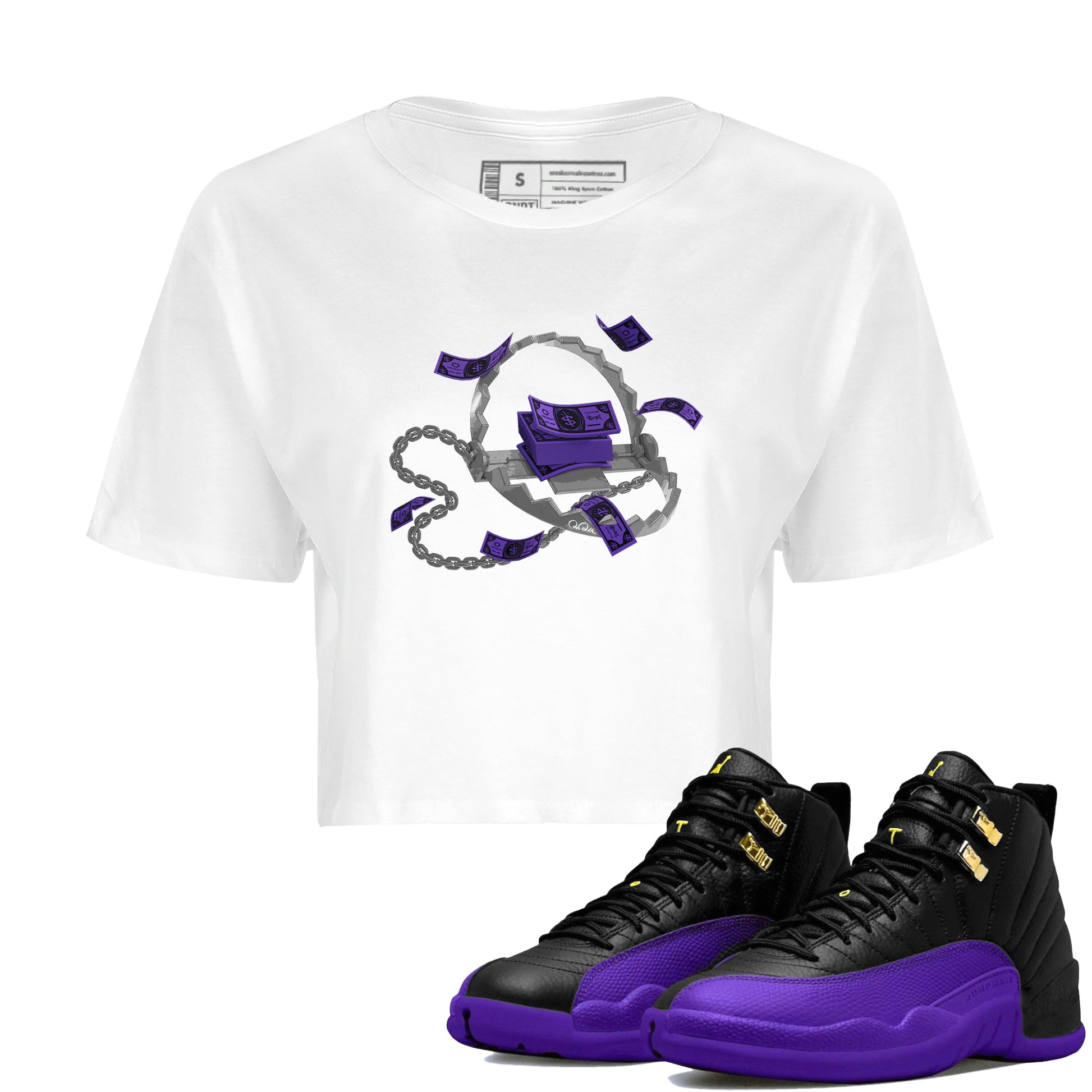Air Jordan 12 Field Purple Sneaker Match Tees Trap Money Sneaker Tees AJ12 Field Purple Sneaker Release Tees Women's Shirts White 1