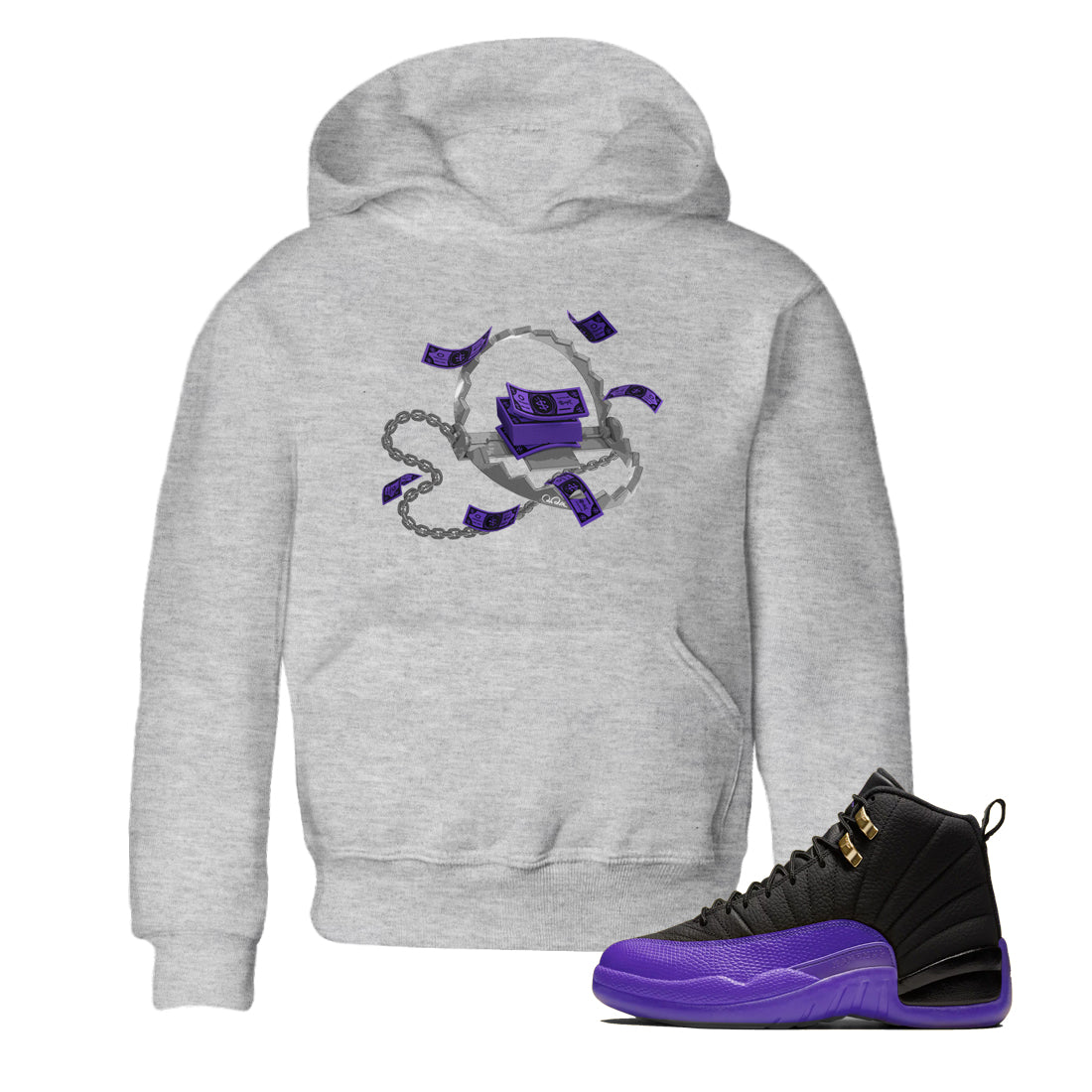 Air Jordan 12 Field Purple Sneaker Match Tees Trap Money Sneaker Tees AJ12 Field Purple Sneaker Release Tees Kids Shirts Heather Grey 1