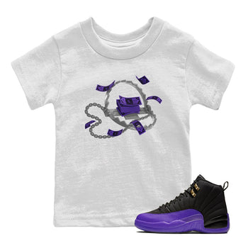 Air Jordan 12 Field Purple Sneaker Match Tees Trap Money Sneaker Tees AJ12 Field Purple Sneaker Release Tees Kids Shirts White 1