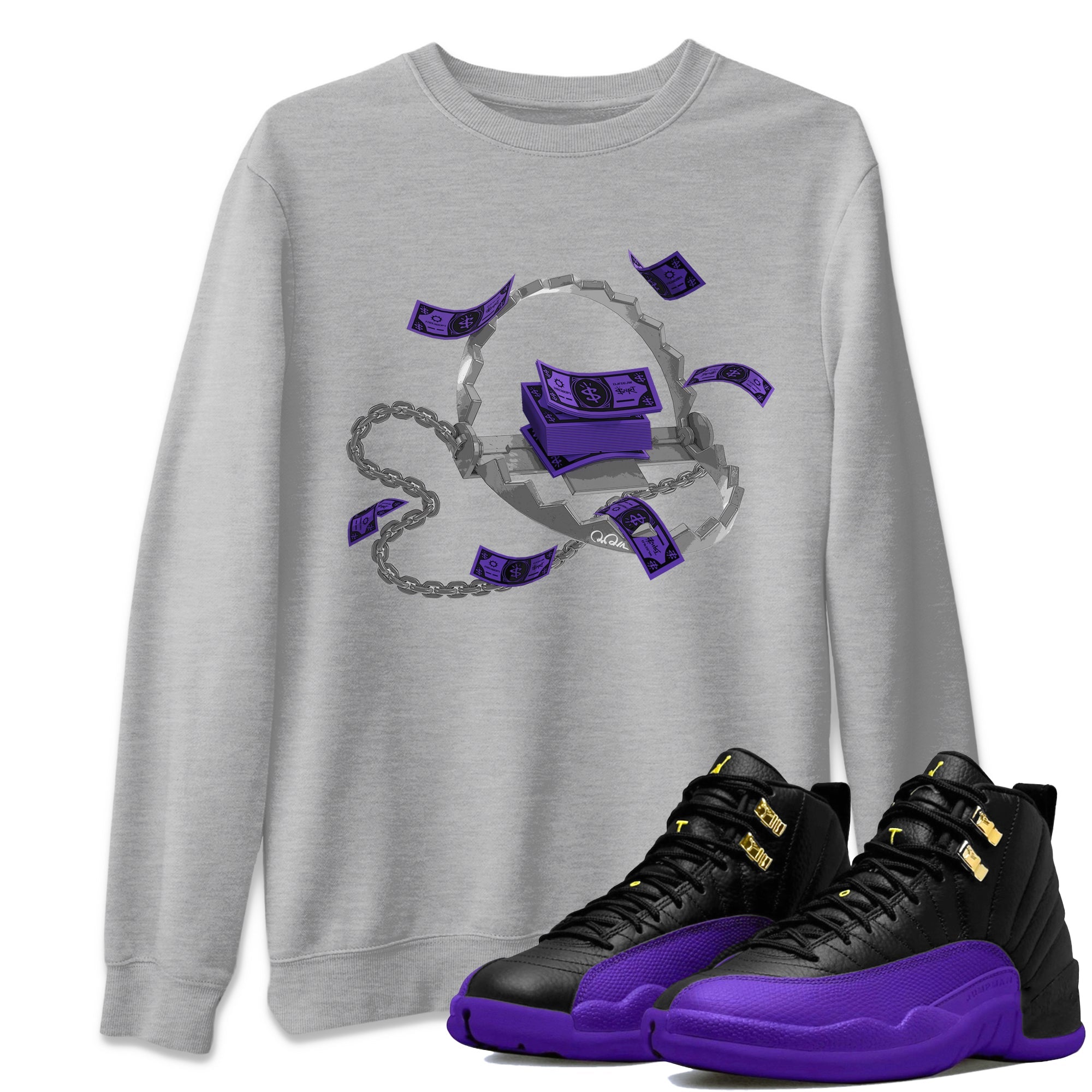 Air Jordan 12 Field Purple Sneaker Match Tees Trap Money Sneaker Tees AJ12 Field Purple Sneaker Release Tees Unisex Shirts Heather Grey 1