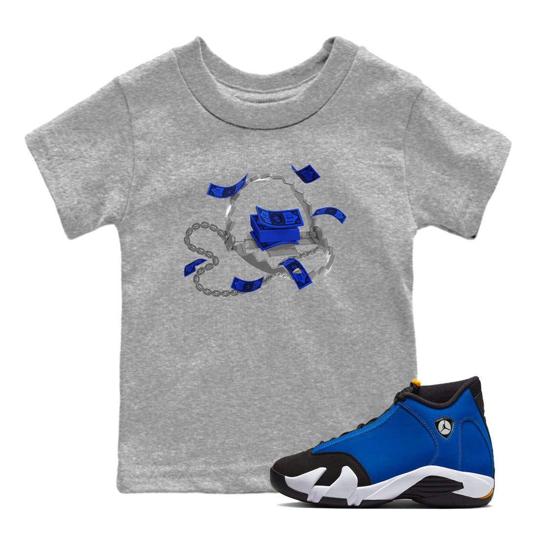 Air Jordan 14 Laney Sneaker Match Tees Trap Money Sneaker Tees AJ14 Laney Sneaker Release Tees Kids Shirts Heather Grey 1