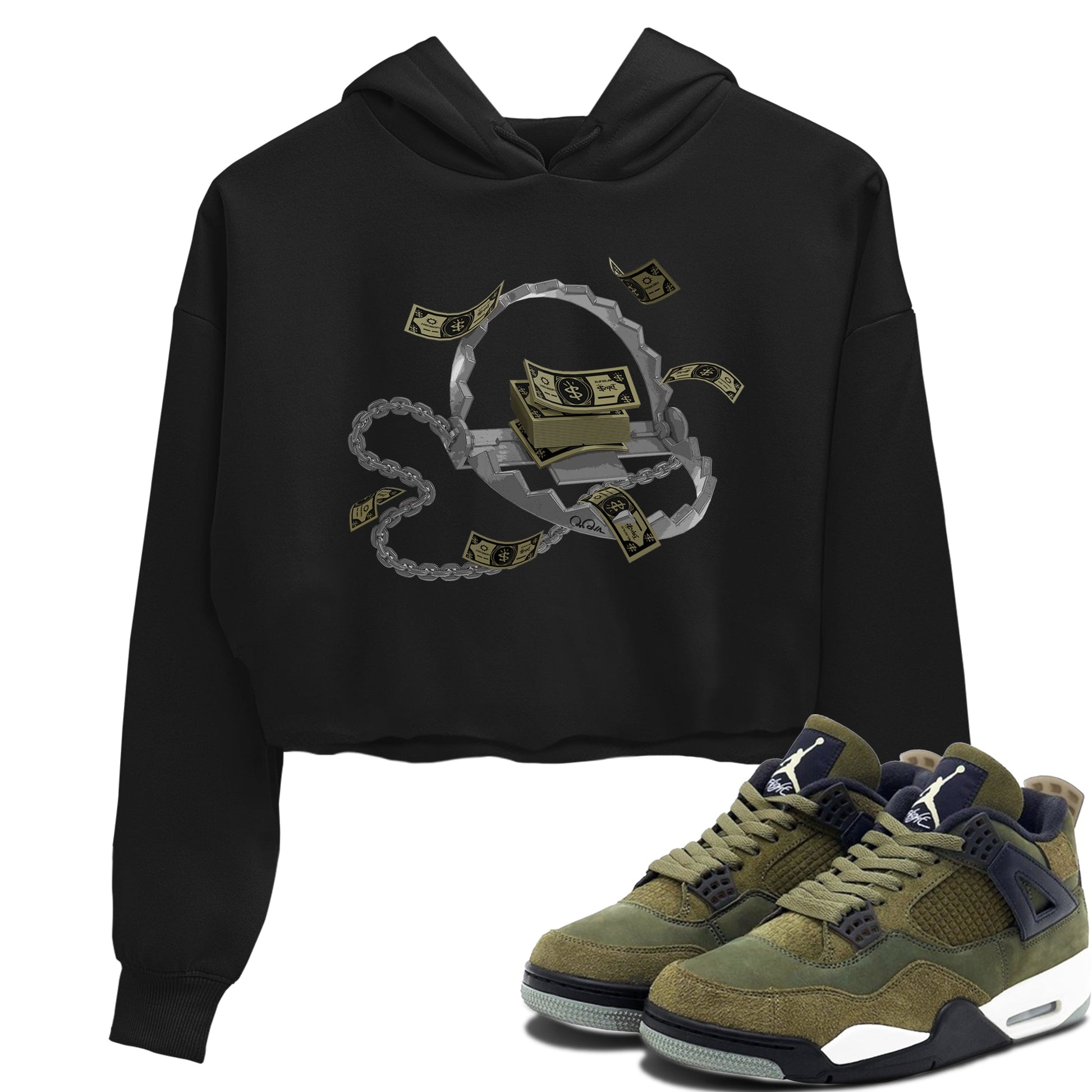 Air Jordan 4 Medium Olive shirt to match jordans Trap Money sneaker tees AJ4Medium Olive SNRT Sneaker Release Tees Black 1 Crop T-Shirt