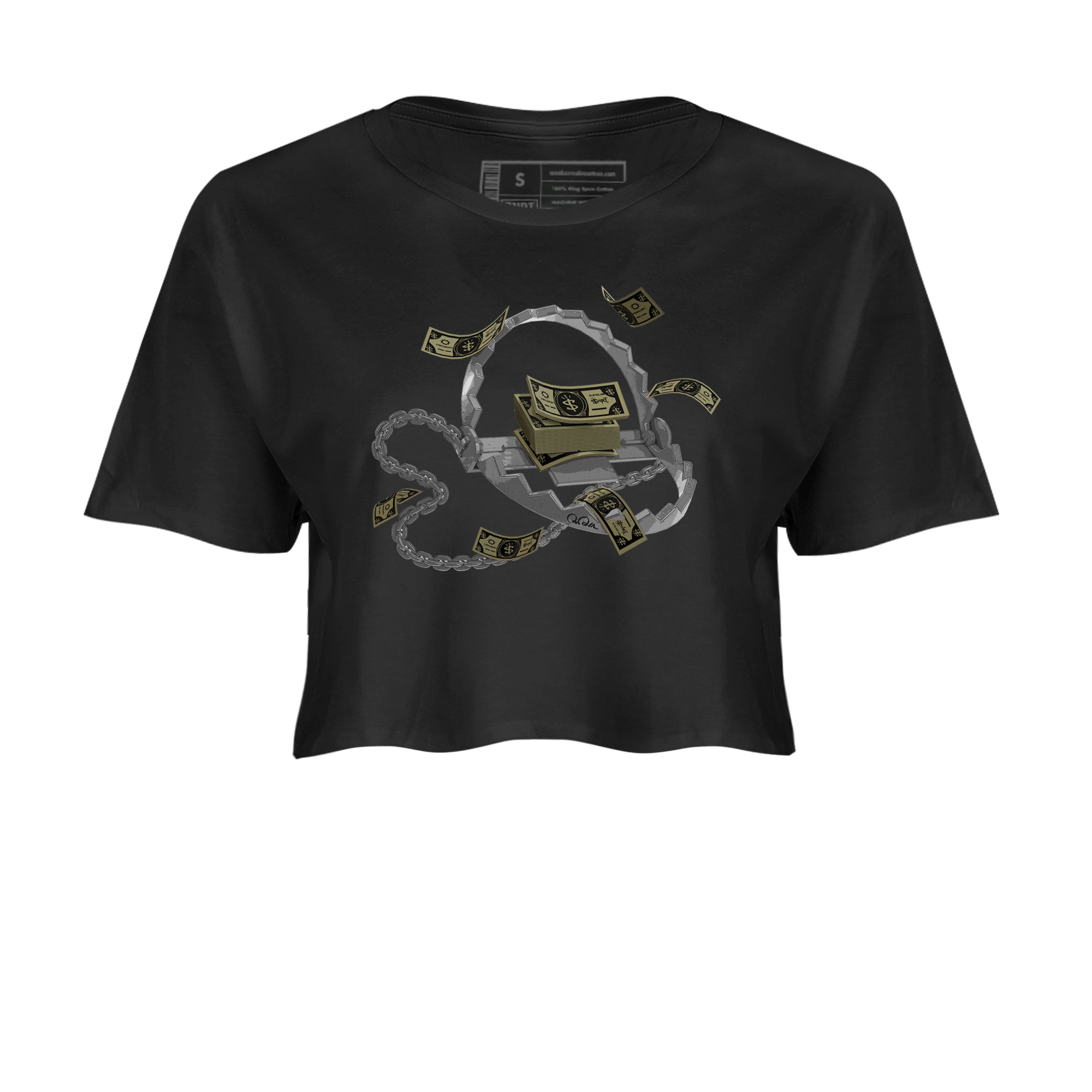 Air Jordan 4 Medium Olive shirt to match jordans Trap Money sneaker tees AJ4Medium Olive SNRT Sneaker Release Tees Black 2 Crop T-Shirt