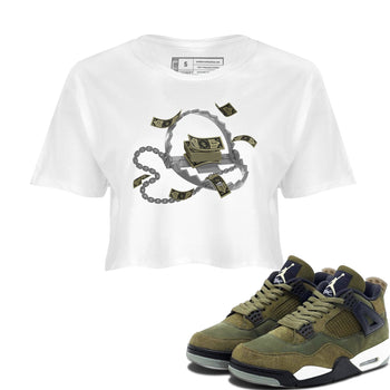 Air Jordan 4 Medium Olive shirt to match jordans Trap Money sneaker tees AJ4Medium Olive SNRT Sneaker Release Tees White 1 Crop T-Shirt