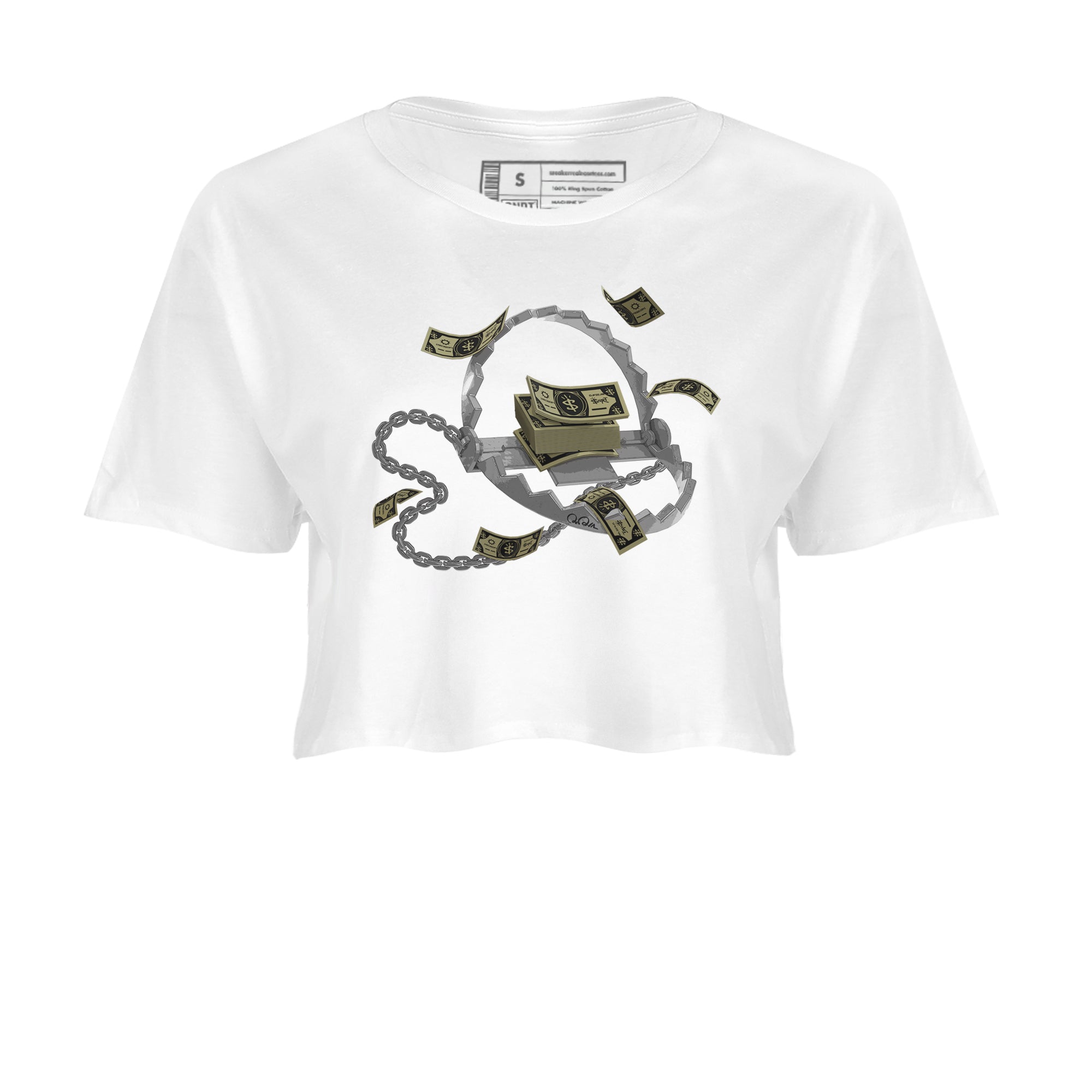Air Jordan 4 Medium Olive shirt to match jordans Trap Money sneaker tees AJ4Medium Olive SNRT Sneaker Release Tees White 2 Crop T-Shirt