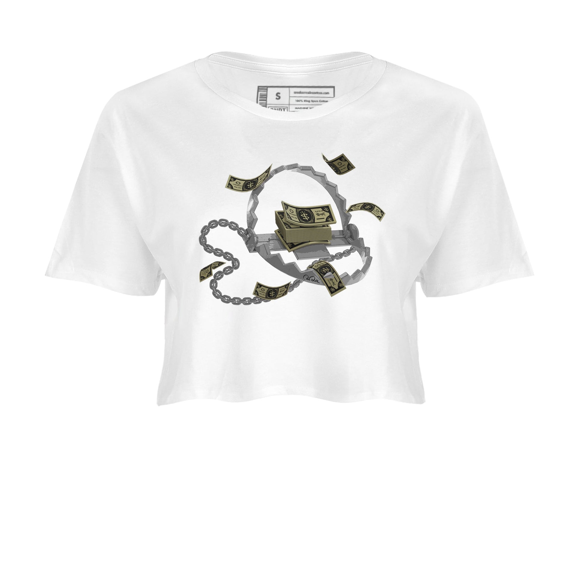 Air Jordan 4 Medium Olive shirt to match jordans Trap Money sneaker tees AJ4Medium Olive SNRT Sneaker Release Tees White 2 Crop T-Shirt