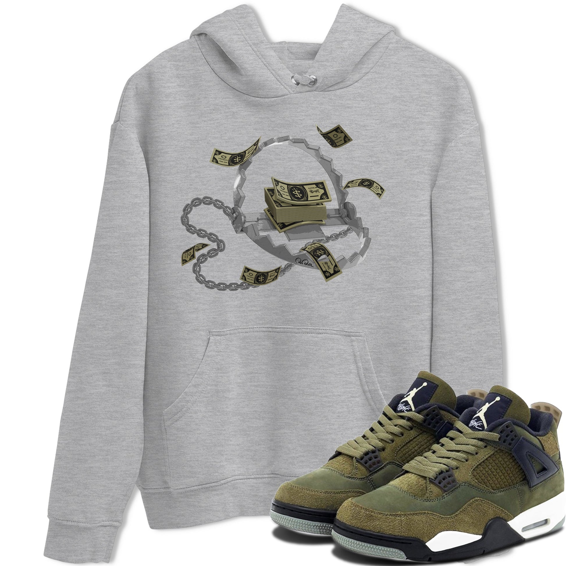 Air Jordan 4 Medium Olive shirt to match jordans Trap Money sneaker tees AJ4Medium Olive SNRT Sneaker Release Tees Unisex Heather Grey 1 T-Shirt