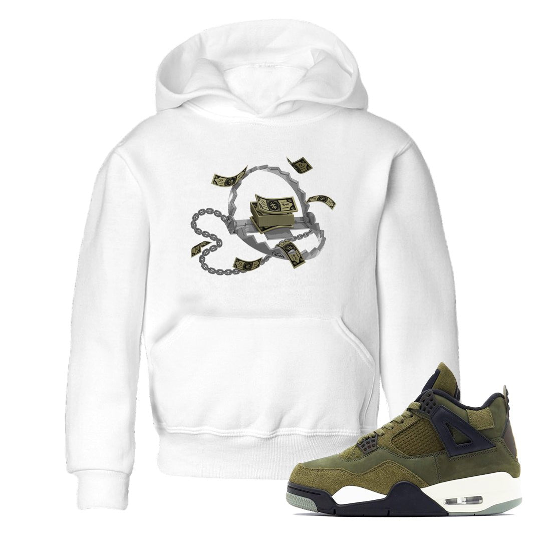 Air Jordan 4 Medium Olive shirt to match jordans Trap Money sneaker tees AJ4Medium Olive SNRT Sneaker Release Tees Baby Toddler White 1 T-Shirt