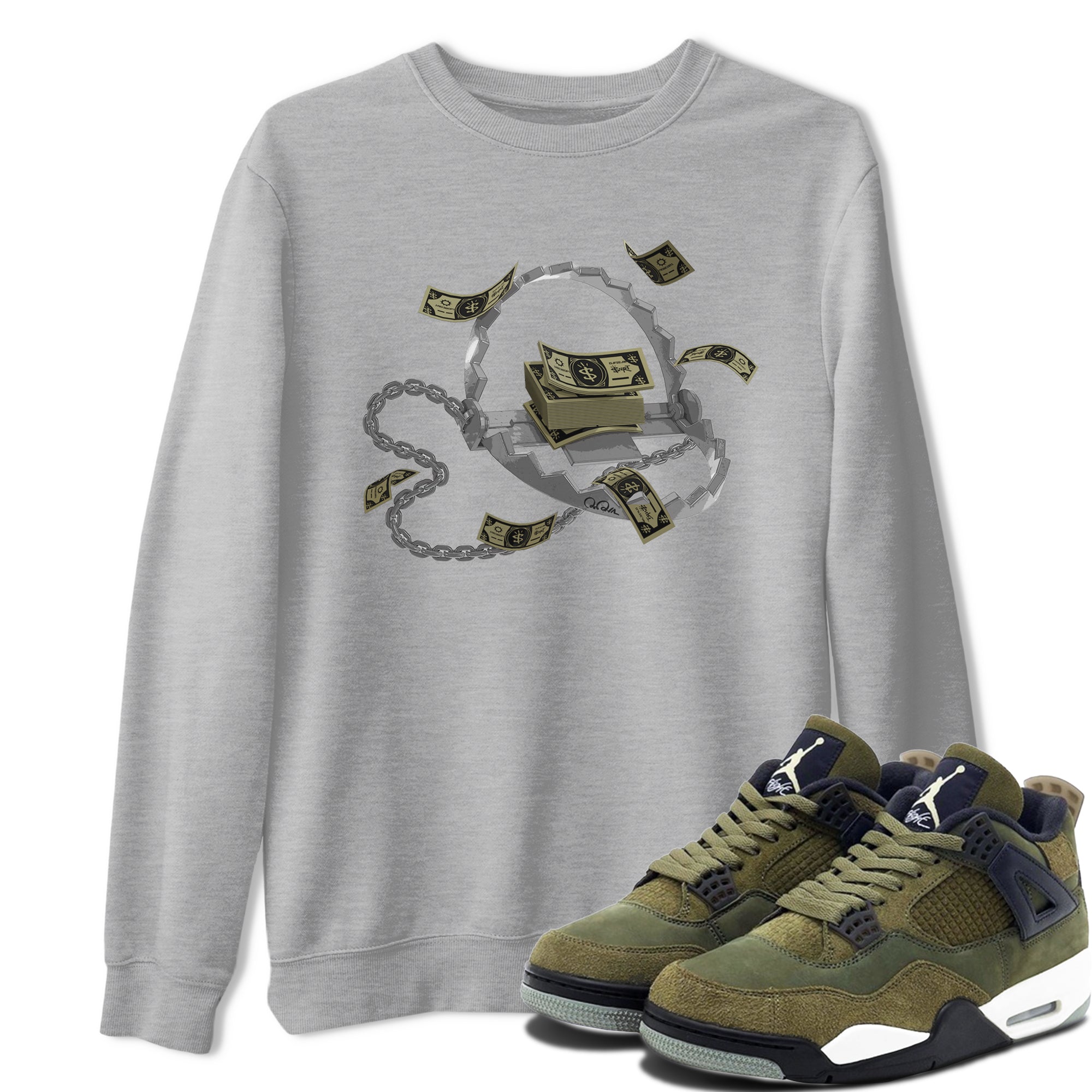 Air Jordan 4 Medium Olive shirt to match jordans Trap Money sneaker tees AJ4Medium Olive SNRT Sneaker Release Tees Unisex Heather Grey 1 T-Shirt