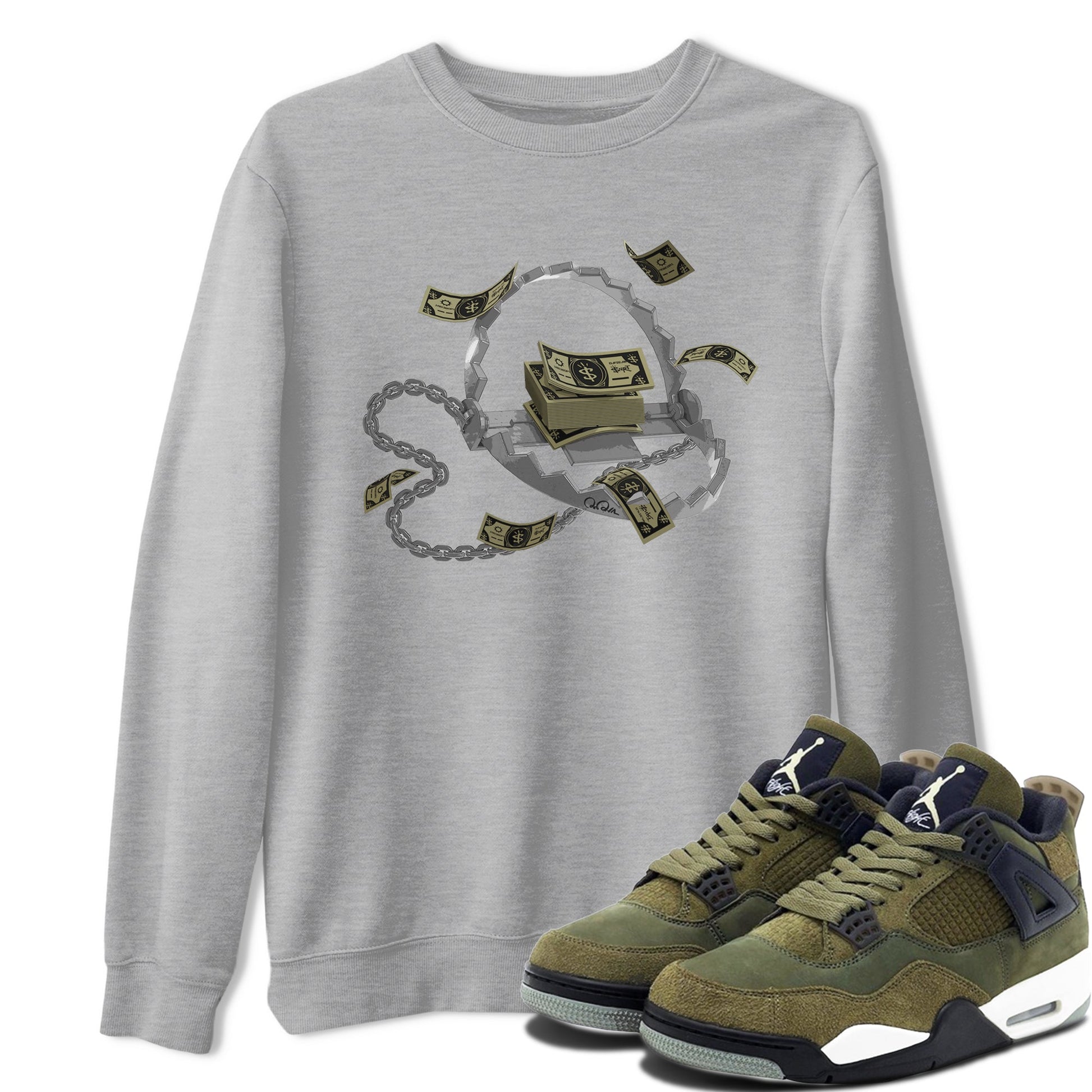 Air Jordan 4 Medium Olive shirt to match jordans Trap Money sneaker tees AJ4Medium Olive SNRT Sneaker Release Tees Unisex Heather Grey 1 T-Shirt