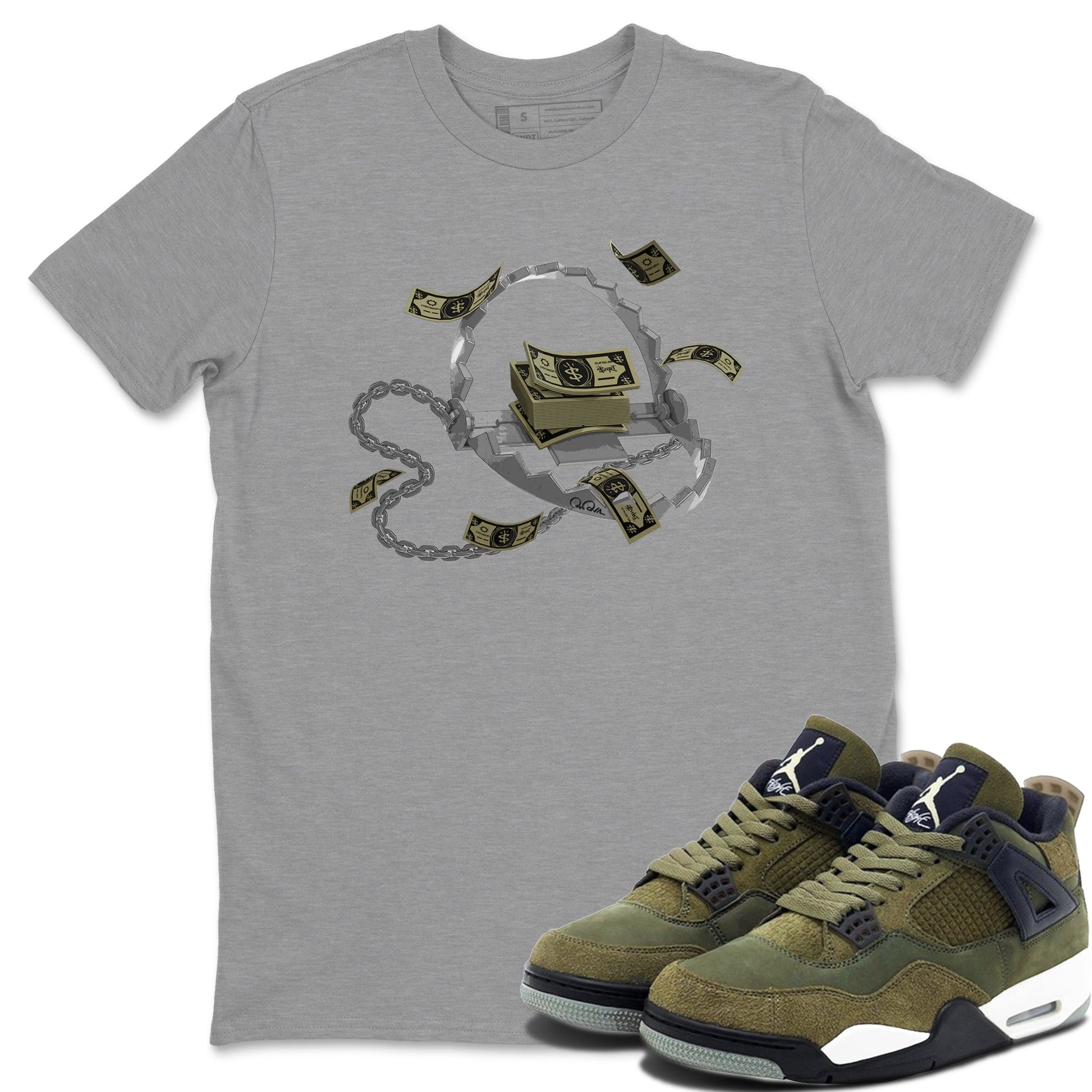 Air Jordan 4 Medium Olive shirt to match jordans Trap Money sneaker tees AJ4Medium Olive SNRT Sneaker Release Tees Unisex Heather Grey 1 T-Shirt