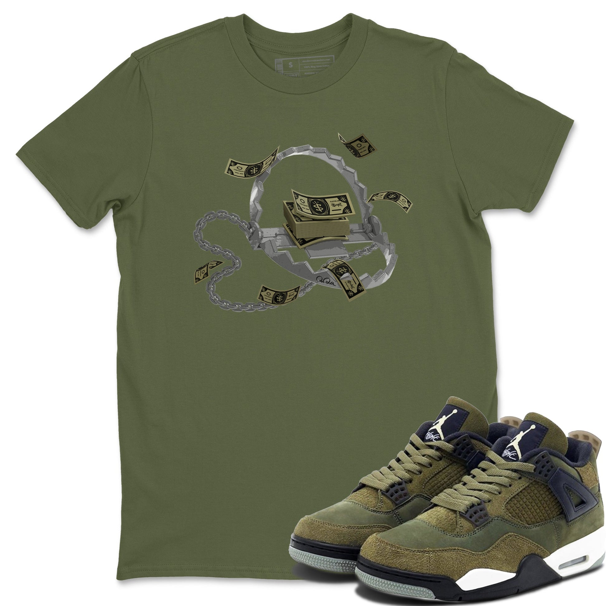 Air Jordan 4 Medium Olive shirt to match jordans Trap Money sneaker tees AJ4Medium Olive SNRT Sneaker Release Tees Unisex Military Green 1 T-Shirt