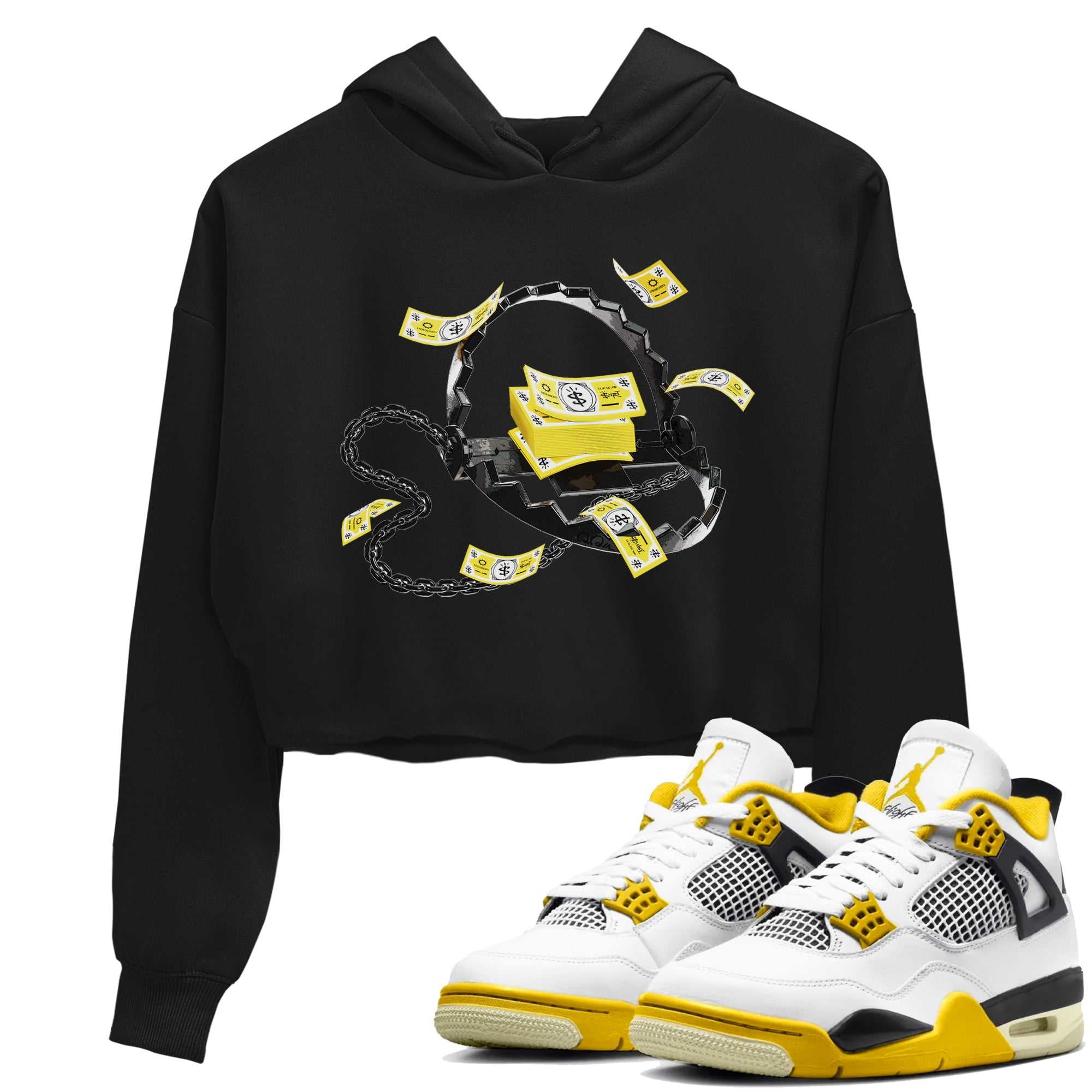 AJ4 Vivid Sulfur shirt to match jordans Trap Money sneaker tees Air Jordan 4 Vivid Sulfur SNRT Sneaker Release Tees Black 1 crop length shirt