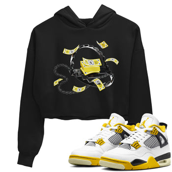 AJ4 Vivid Sulfur shirt to match jordans Trap Money sneaker tees Air Jordan 4 Vivid Sulfur SNRT Sneaker Release Tees Black 1 crop length shirt