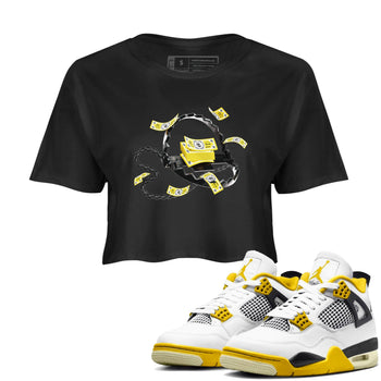 AJ4 Vivid Sulfur shirt to match jordans Trap Money sneaker tees Air Jordan 4 Vivid Sulfur SNRT Sneaker Release Tees Black 1 crop length shirt