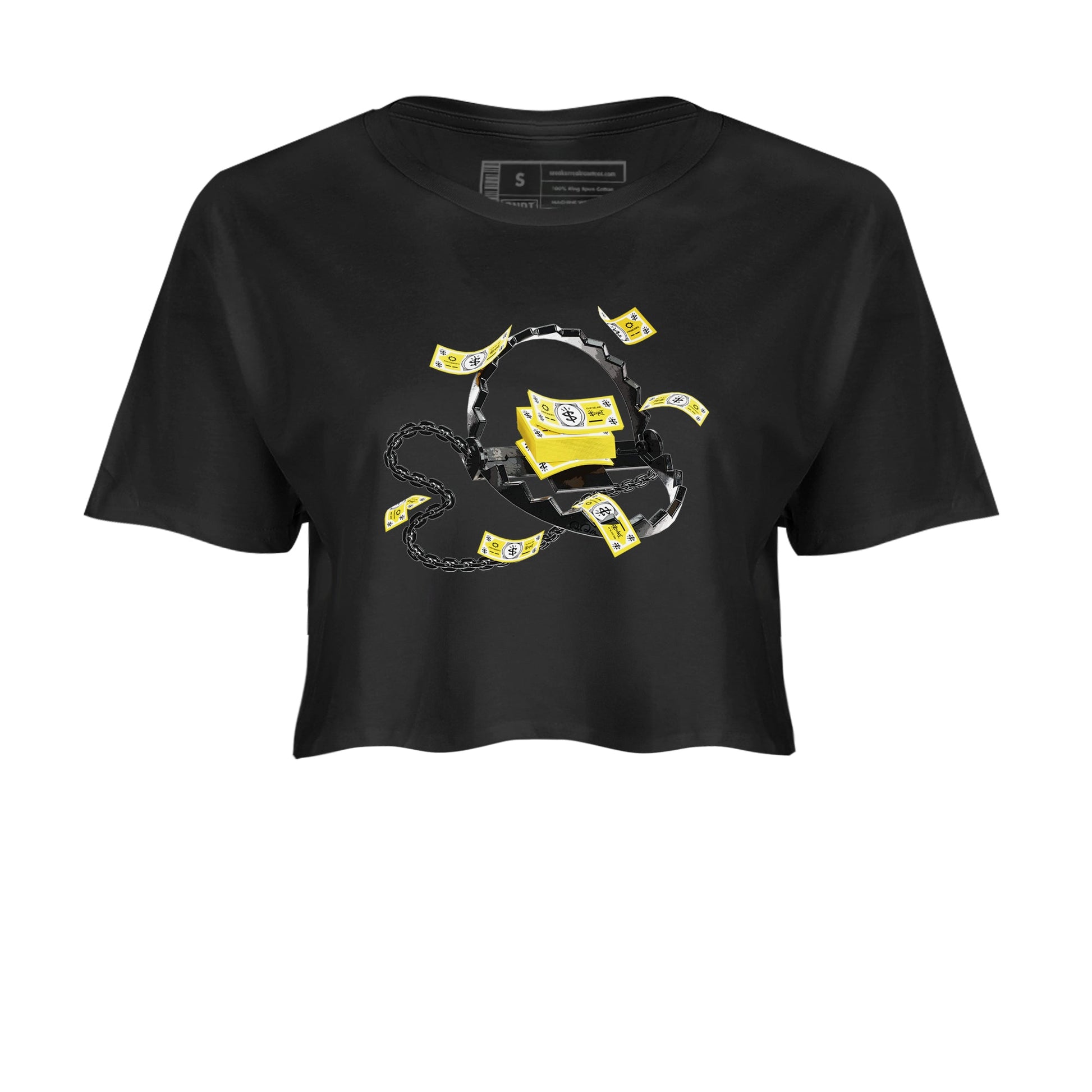 AJ4 Vivid Sulfur shirt to match jordans Trap Money sneaker tees Air Jordan 4 Vivid Sulfur SNRT Sneaker Release Tees Black 2 crop length shirt