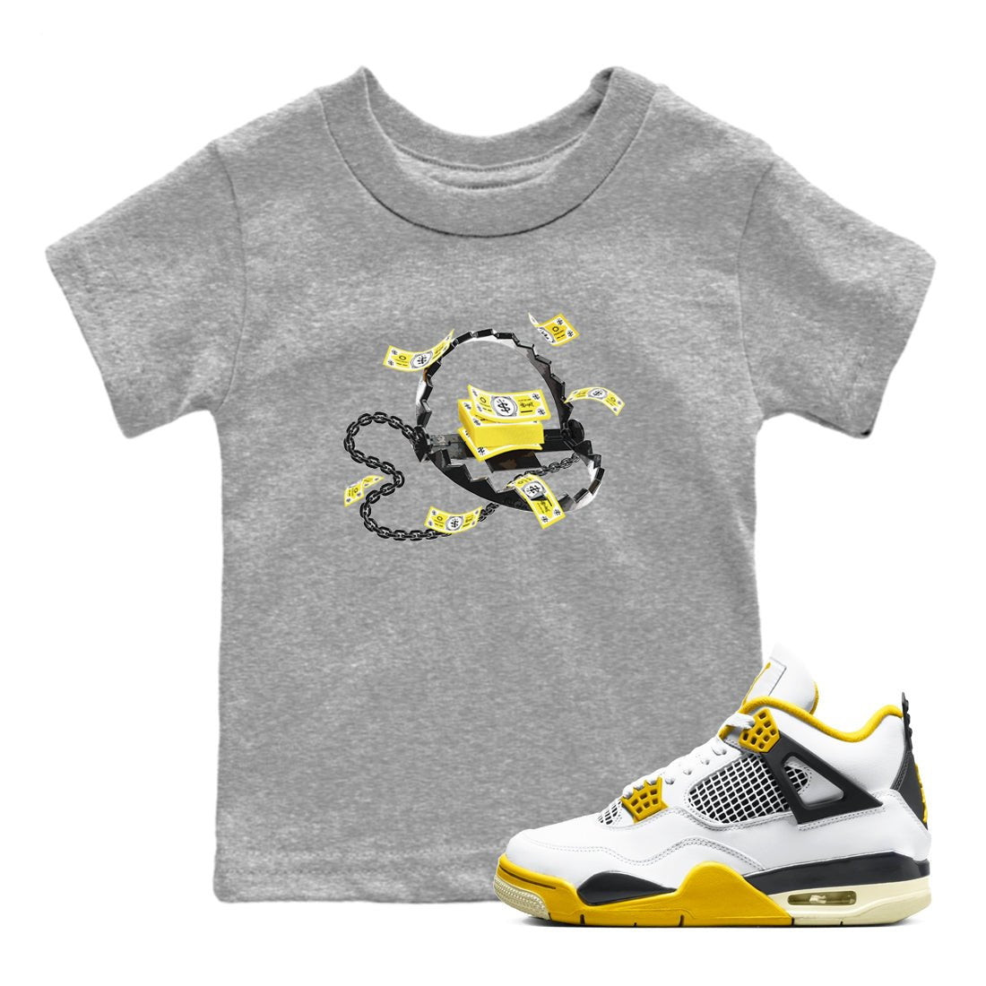 AJ4 Vivid Sulfur shirt to match jordans Trap Money sneaker tees Air Jordan 4 Vivid Sulfur SNRT sneaker release tees baby toddler Heather Grey 1 cotton Shirt