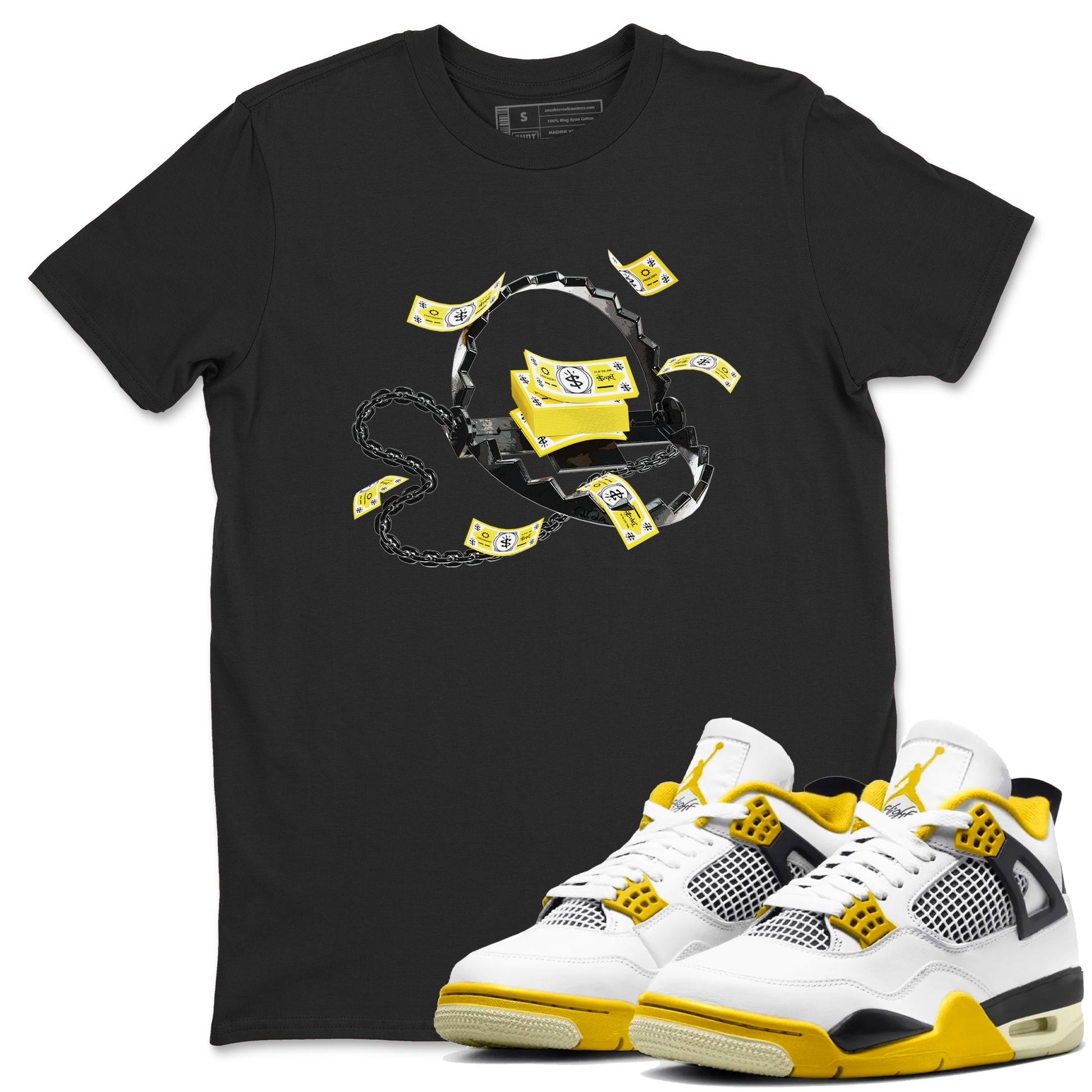 AJ4 Vivid Sulfur shirt to match jordans Trap Money sneaker tees Air Jordan 4 Vivid Sulfur SNRT Sneaker Release Tees unisex cotton Black 1 crew neck shirt