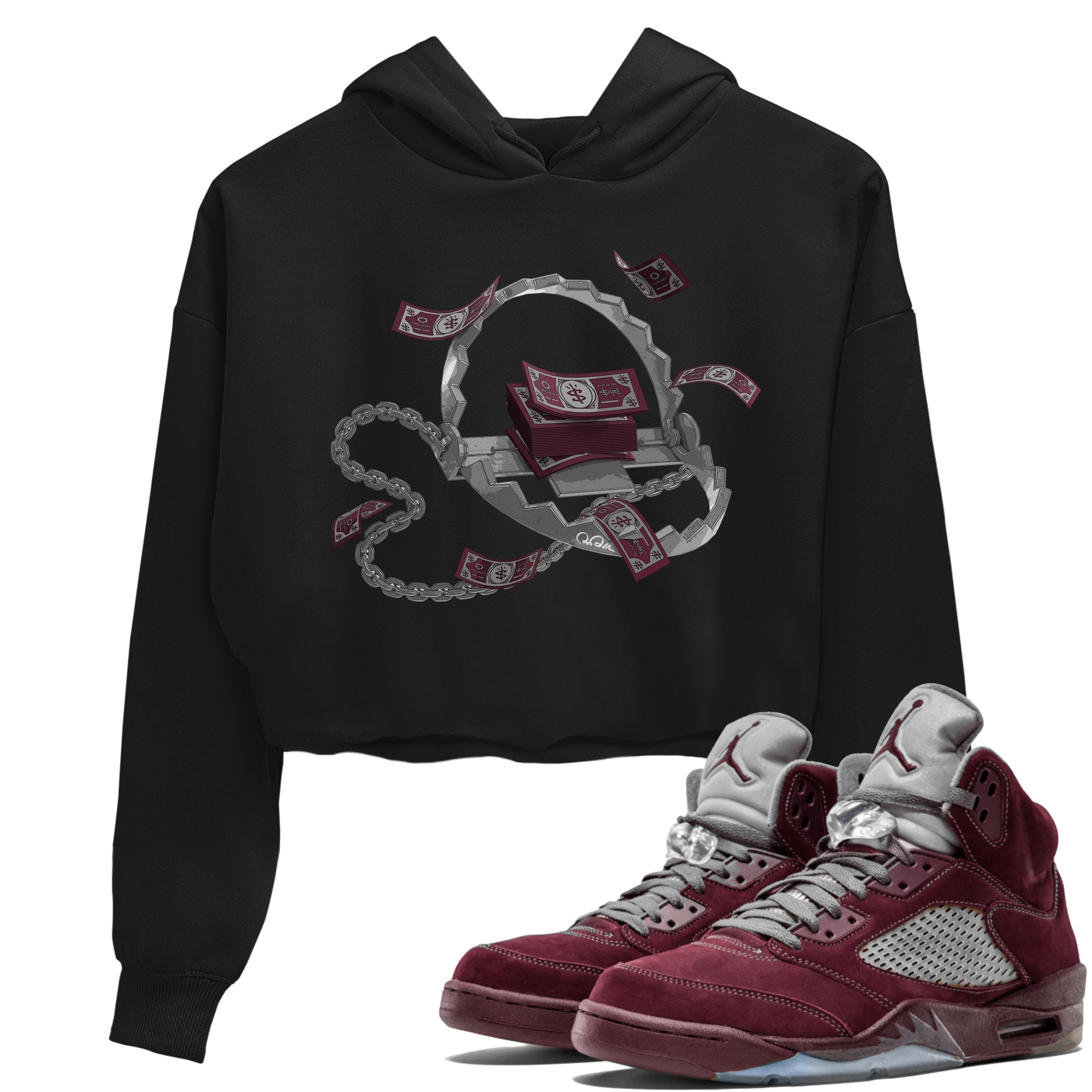 Air Jordan 5 Burgundy Sneaker Match Tees Trap Money Sneaker Tees AJ5 Burgundy Sneaker Release Tees Women's Shirts Black 1