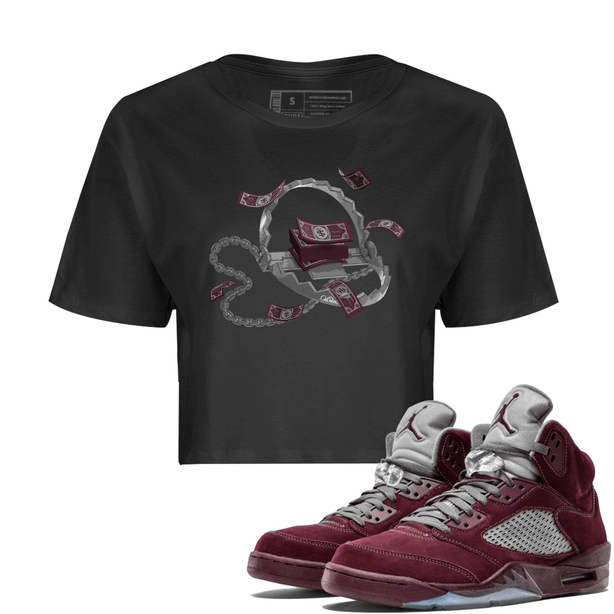 Air Jordan 5 Burgundy Sneaker Match Tees Trap Money Sneaker Tees AJ5 Burgundy Sneaker Release Tees Women's Shirts Black 1