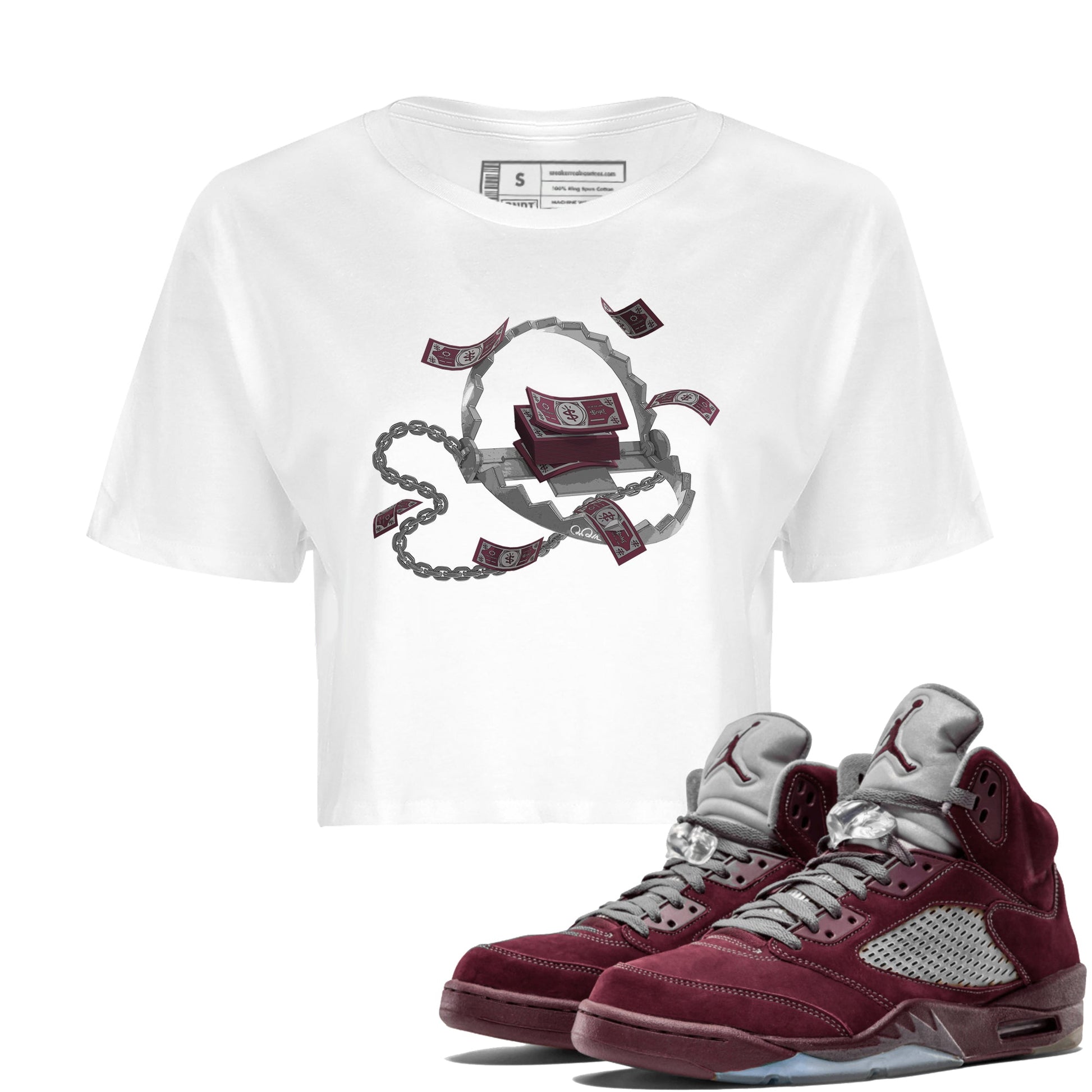 Air Jordan 5 Burgundy Sneaker Match Tees Trap Money Sneaker Tees AJ5 Burgundy Sneaker Release Tees Women's Shirts White 1