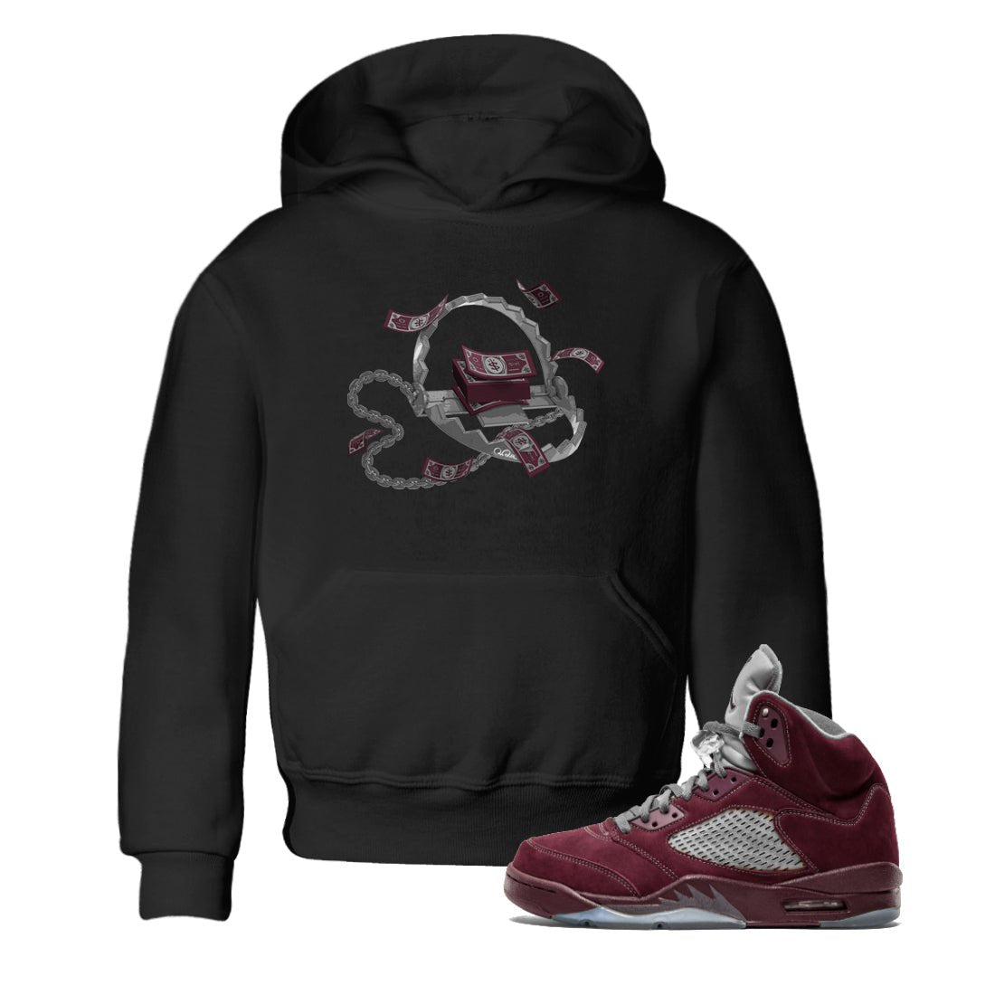 Air Jordan 5 Burgundy Sneaker Match Tees Trap Money Sneaker Tees AJ5 Burgundy Sneaker Release Tees Kids Shirts Black 1